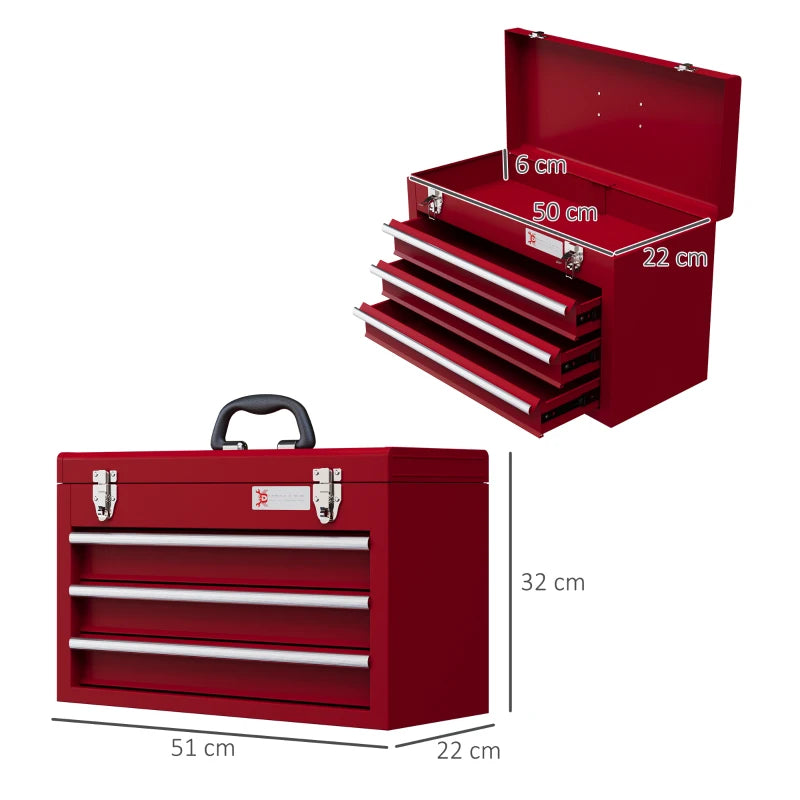 DURHAND Lockable Metal Tool Box - 3 Drawer Tool Chest with Latches, Handle, Ball Bearing Runners - Red - ALL4U RETAILER LTD