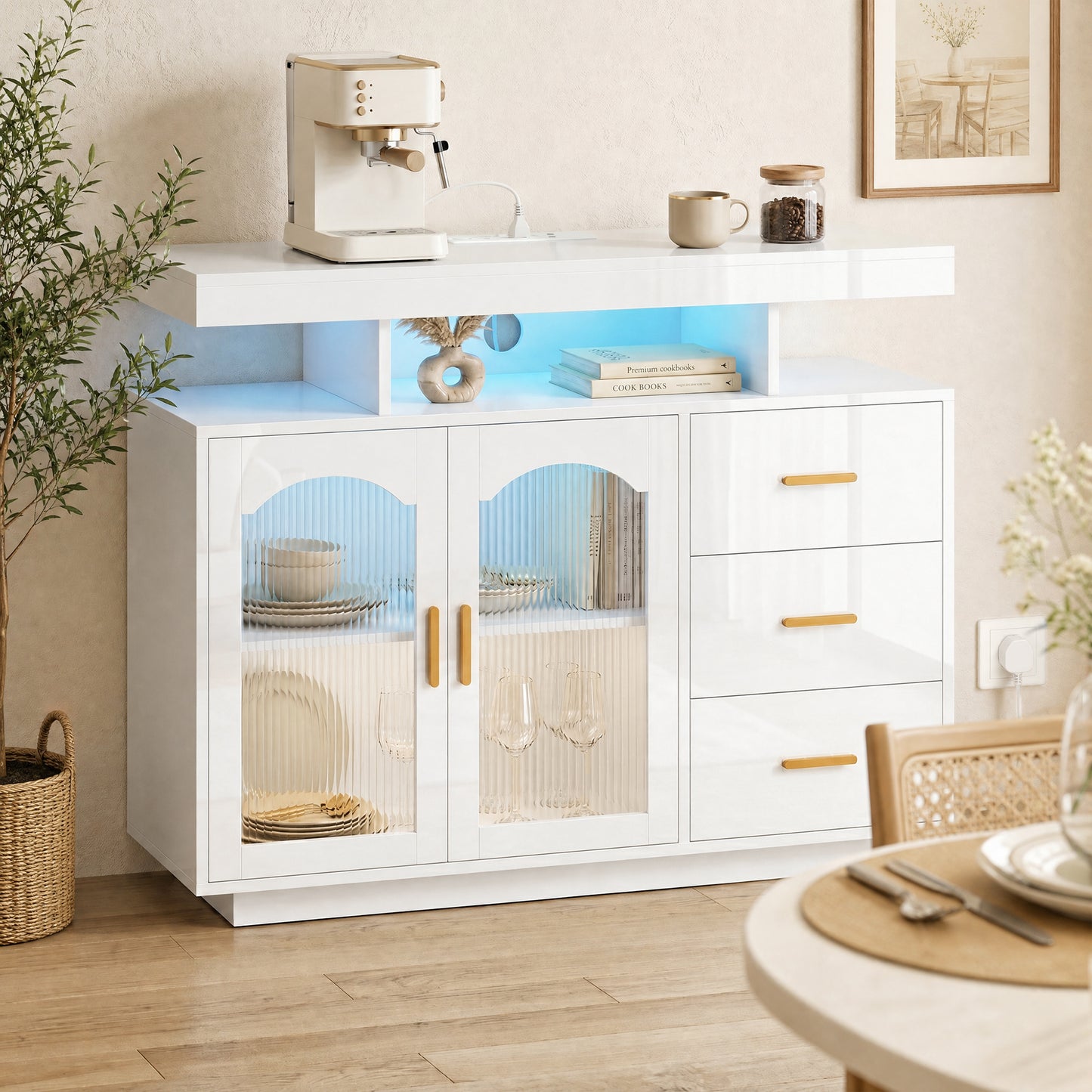 HOMCOM High Gloss Sideboard With LED Lights Built In Power Outlets 3 Drawers Shelves And 2 Acrylic Doors White