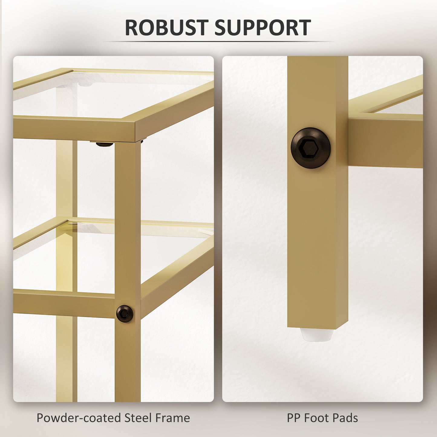 HOMCOM 3-Tier Slim Side Table 18 Cm Wide With Storage Shelf And Tempered Glass Top For Small Spaces Gold Tone
