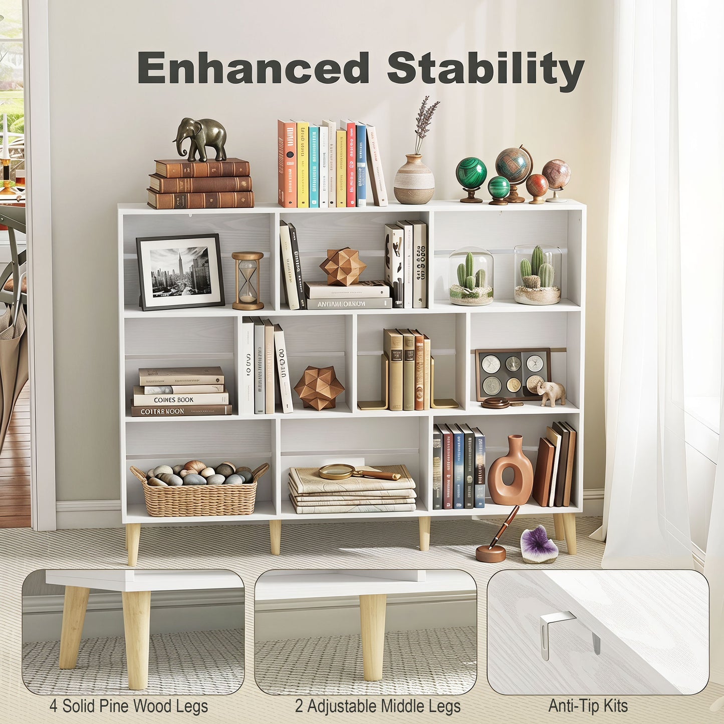 HOMCOM 10-Cube Bookcase with Solid Wood Legs, 140cm Modern 3-Tier Bookshelf, Anti-Tip Kit, White