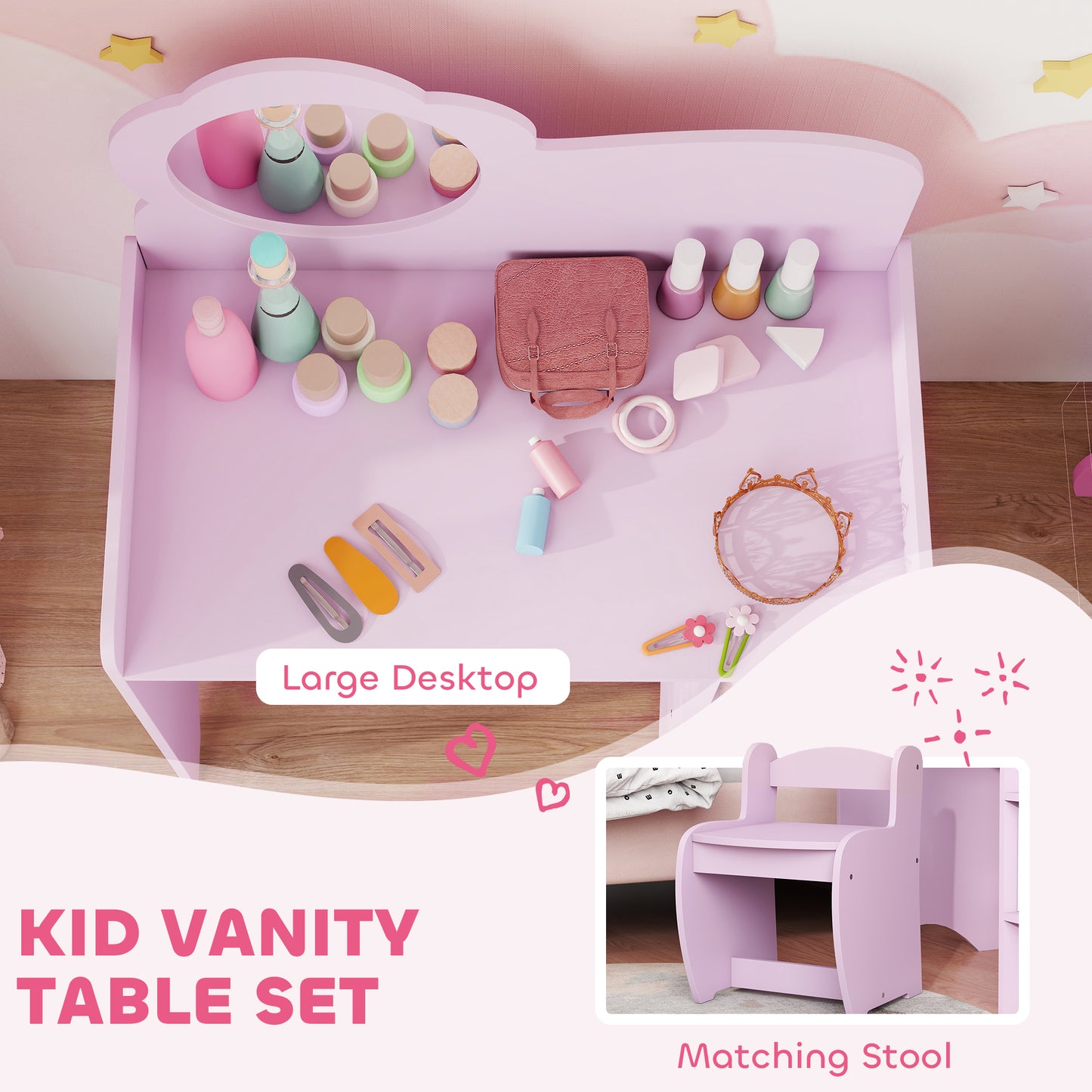 AIYAPLAY Kids Dressing Table With Mirror And Stool Vanity Table With Shelves For Ages 3 To 8 Purple
