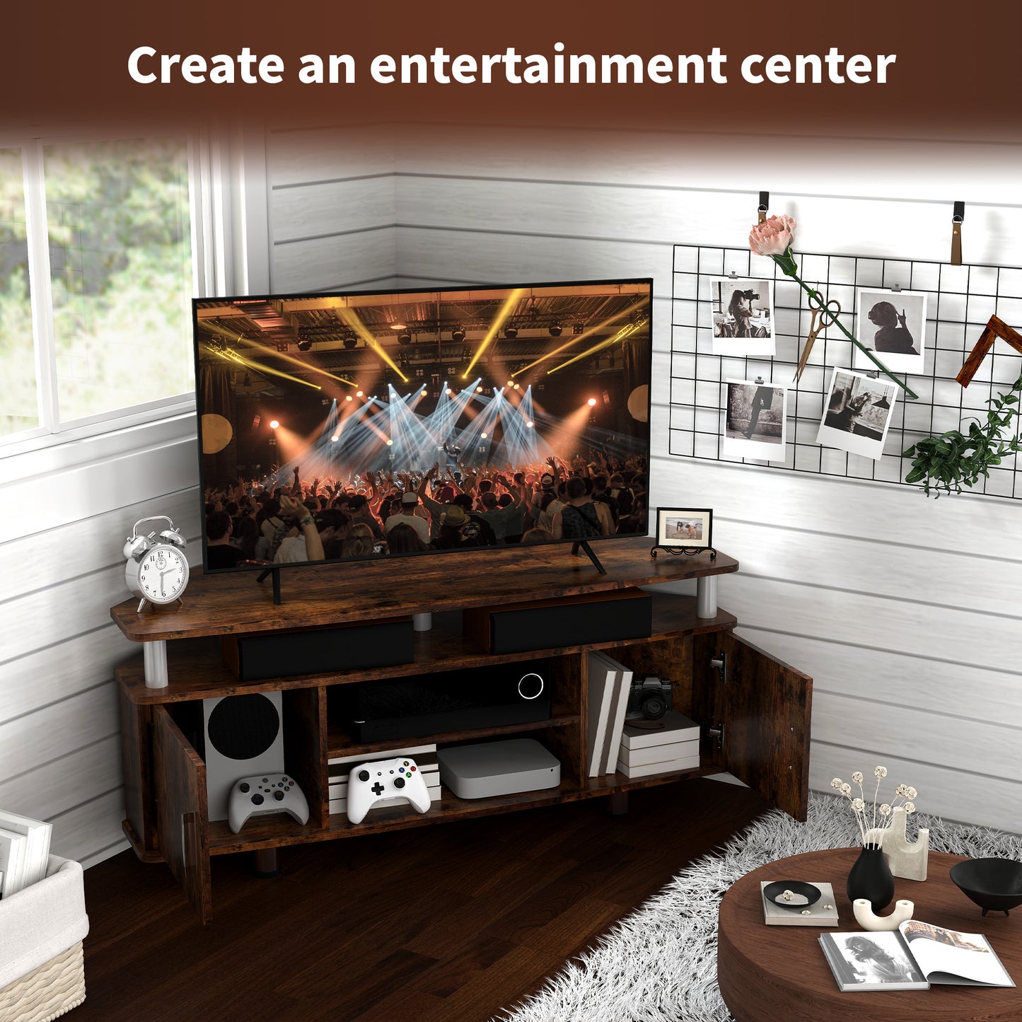 HOMCOM TV Unit Cabinet For TVs Up To 55 Inches With Storage Shelves And Cupboard Rustic Brown Entertainment Centre