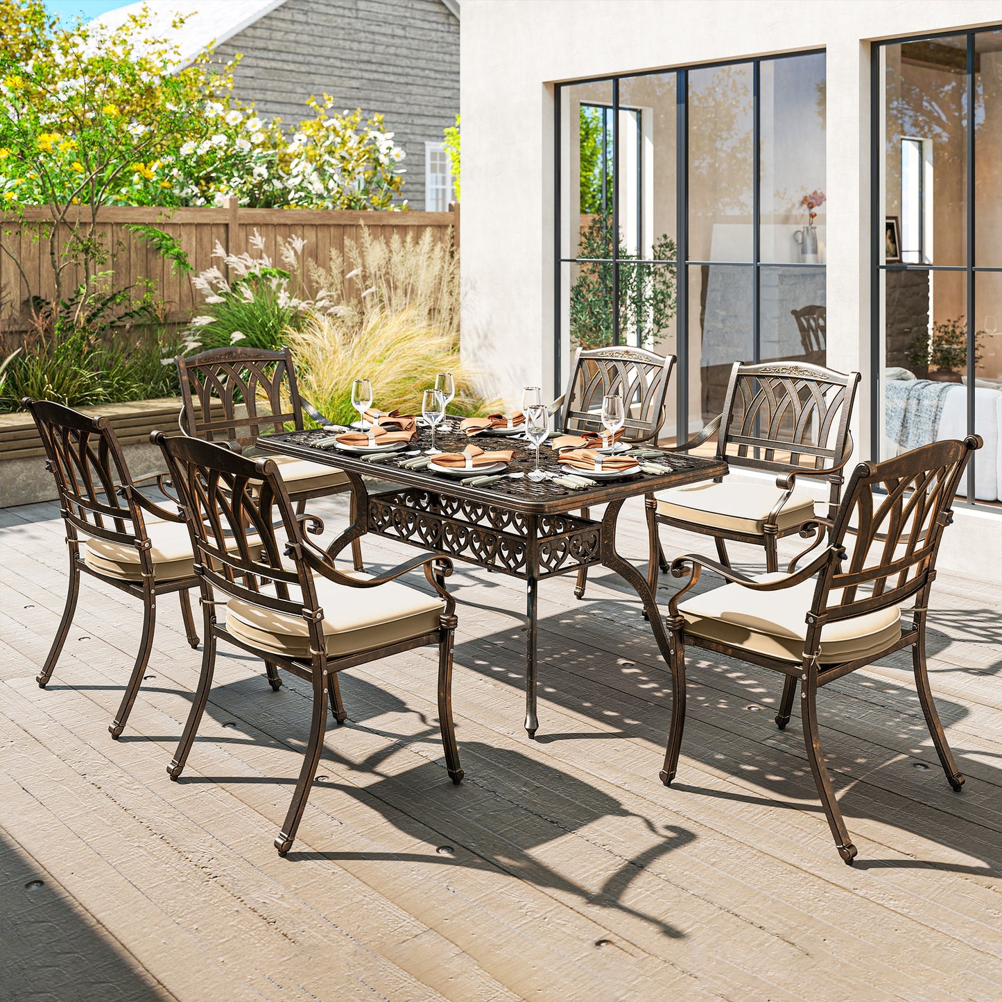 Outsunny Seven Piece Cast Aluminium Garden Dining Set In Bronze Tone With Rectangular Table And Six Chairs