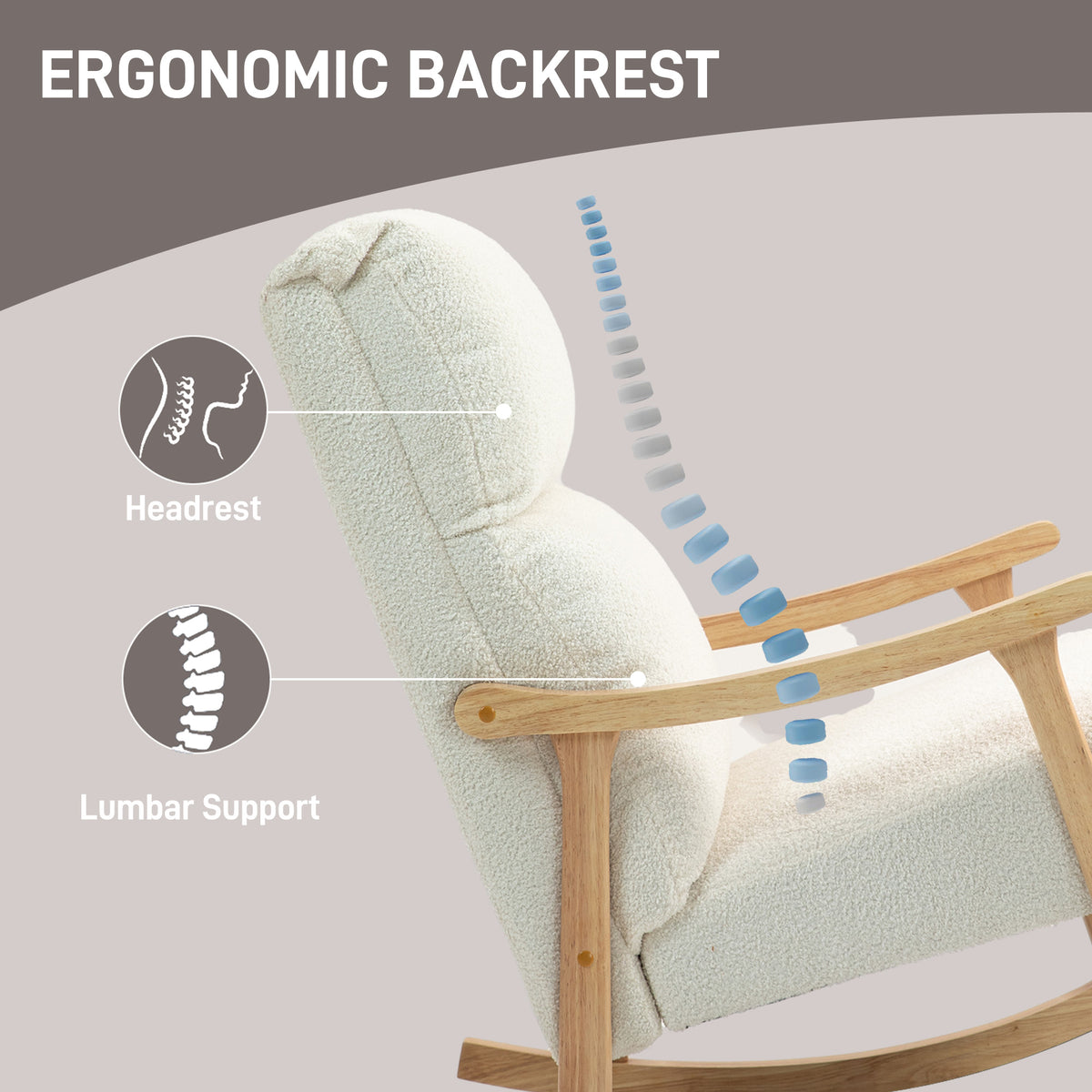 Cream teddy-fleece nursing rocking chair showing high back and supportive wooden frame