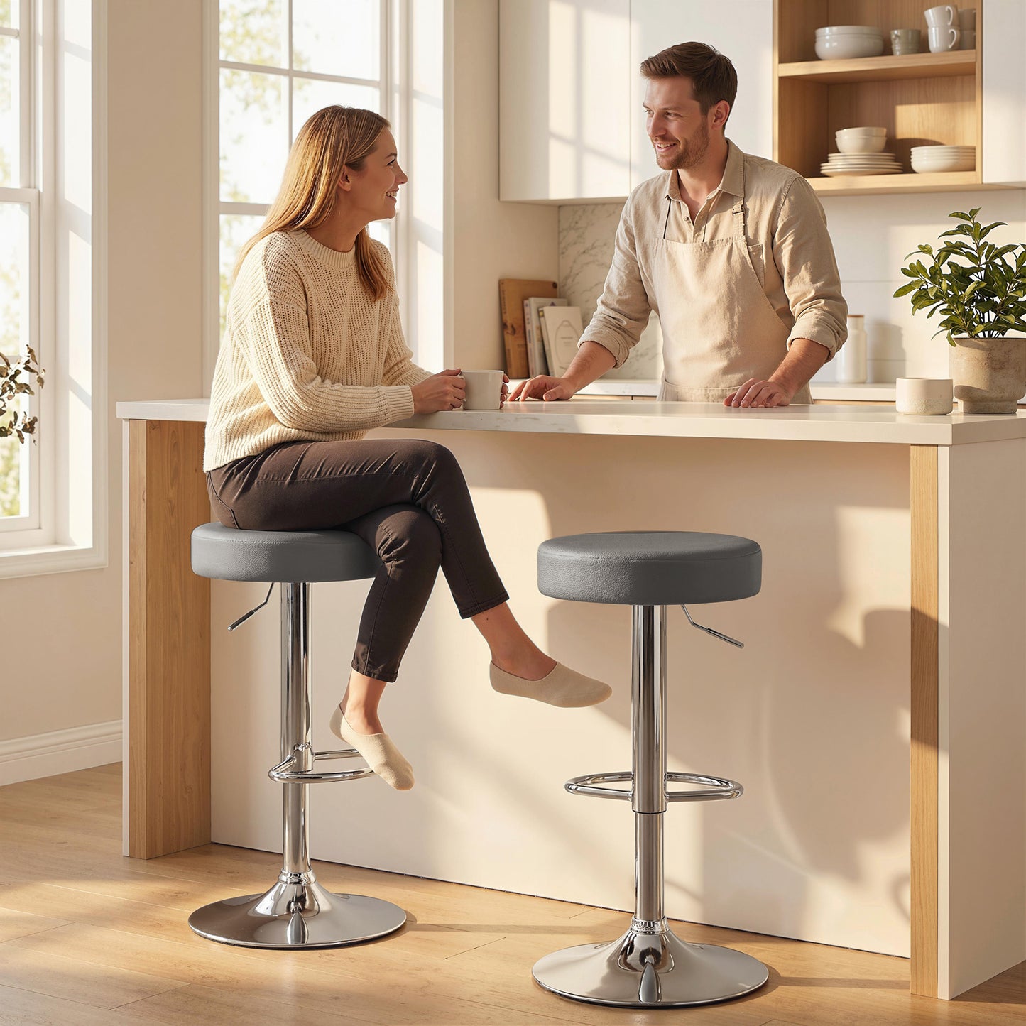 HOMCOM Bar Stools Set Of 2 Modern PU Leather Swivel Height Adjustable Breakfast Bar Chairs With Footrest Grey