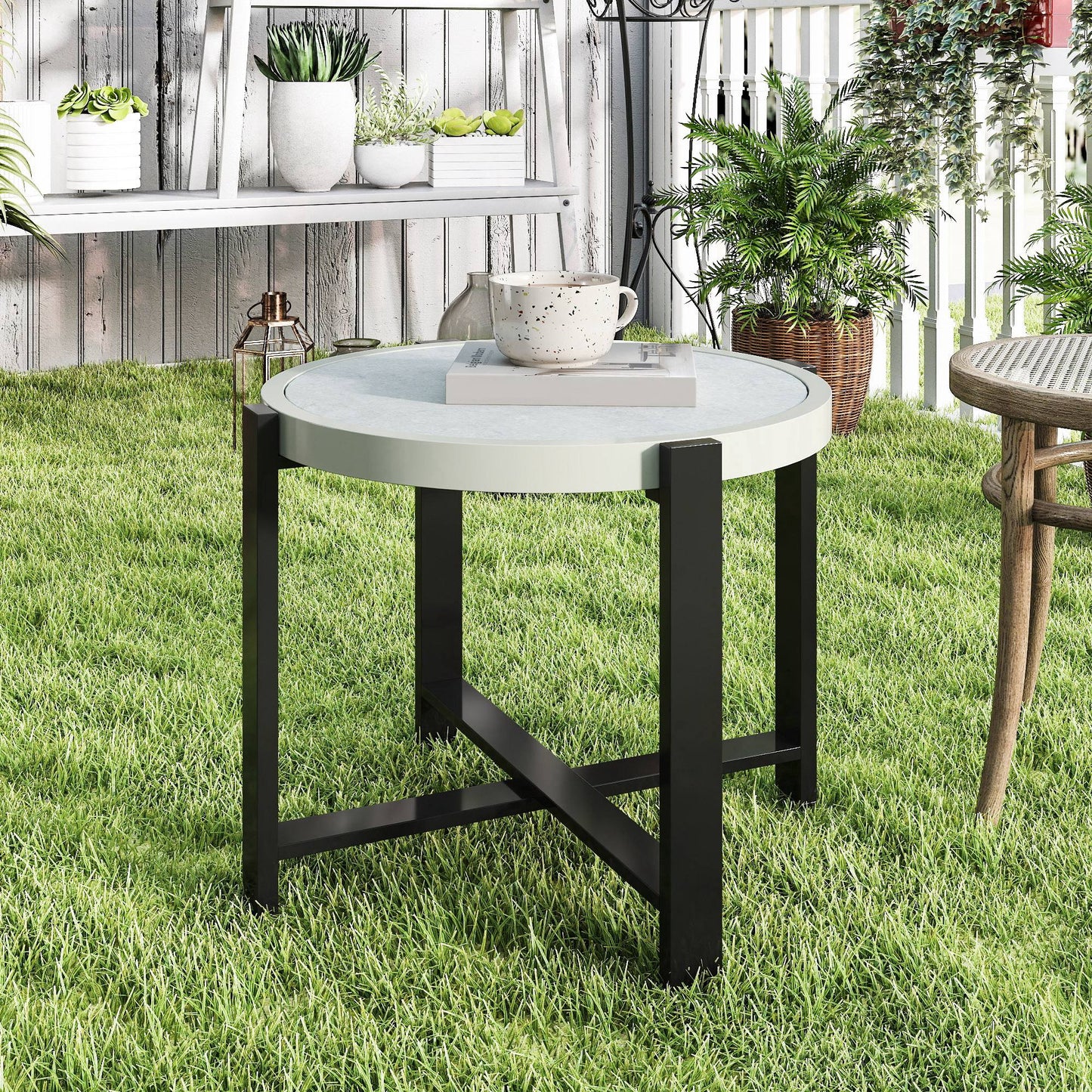 Outsunny Round Garden Table 60cm Outdoor Side Table With Faux Marble Tempered Glass Top Aluminium Frame Light Grey