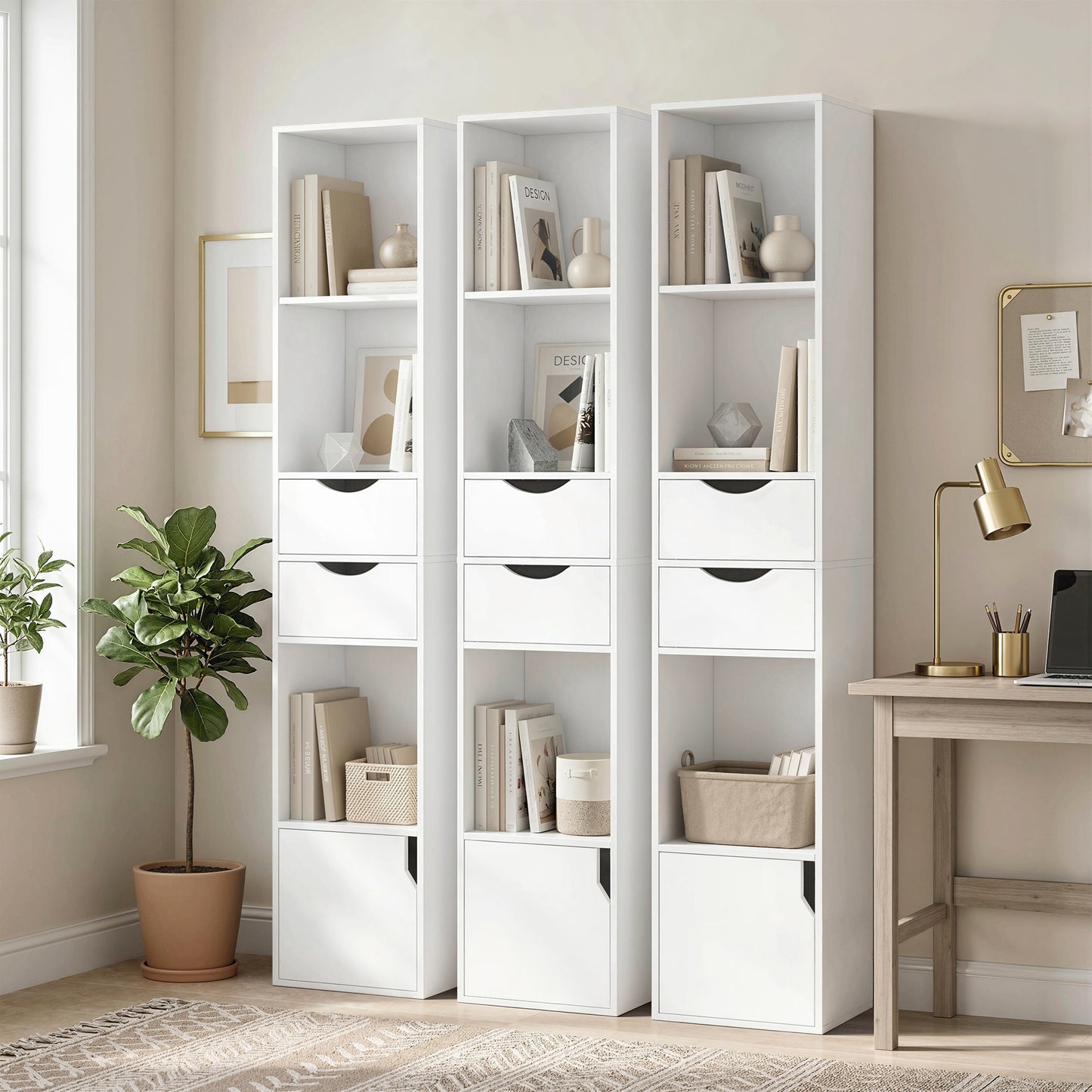 HOMCOM 158 cm White Bookcase With Two Drawers And Cabinet Adjustable Shelves Open Storage