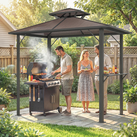 Outsunny 2.5 X 1.5 M Hardtop BBQ Gazebo With Double Roof Aluminium Outdoor Shelter Brown