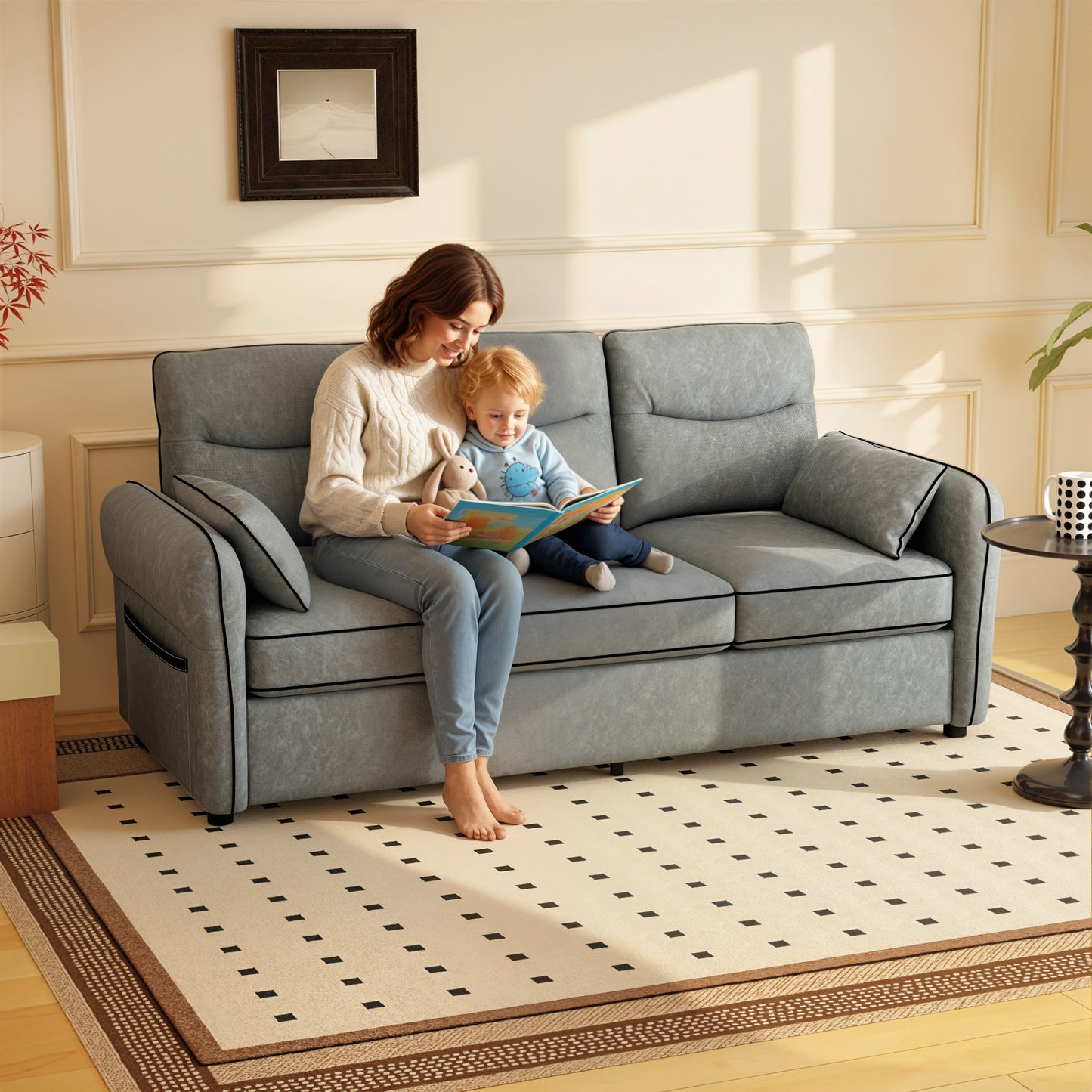 HOMCOM 3 Seater Faux Leather Sofa Grey With Black Piping Modern Minimal Design And Comfort
