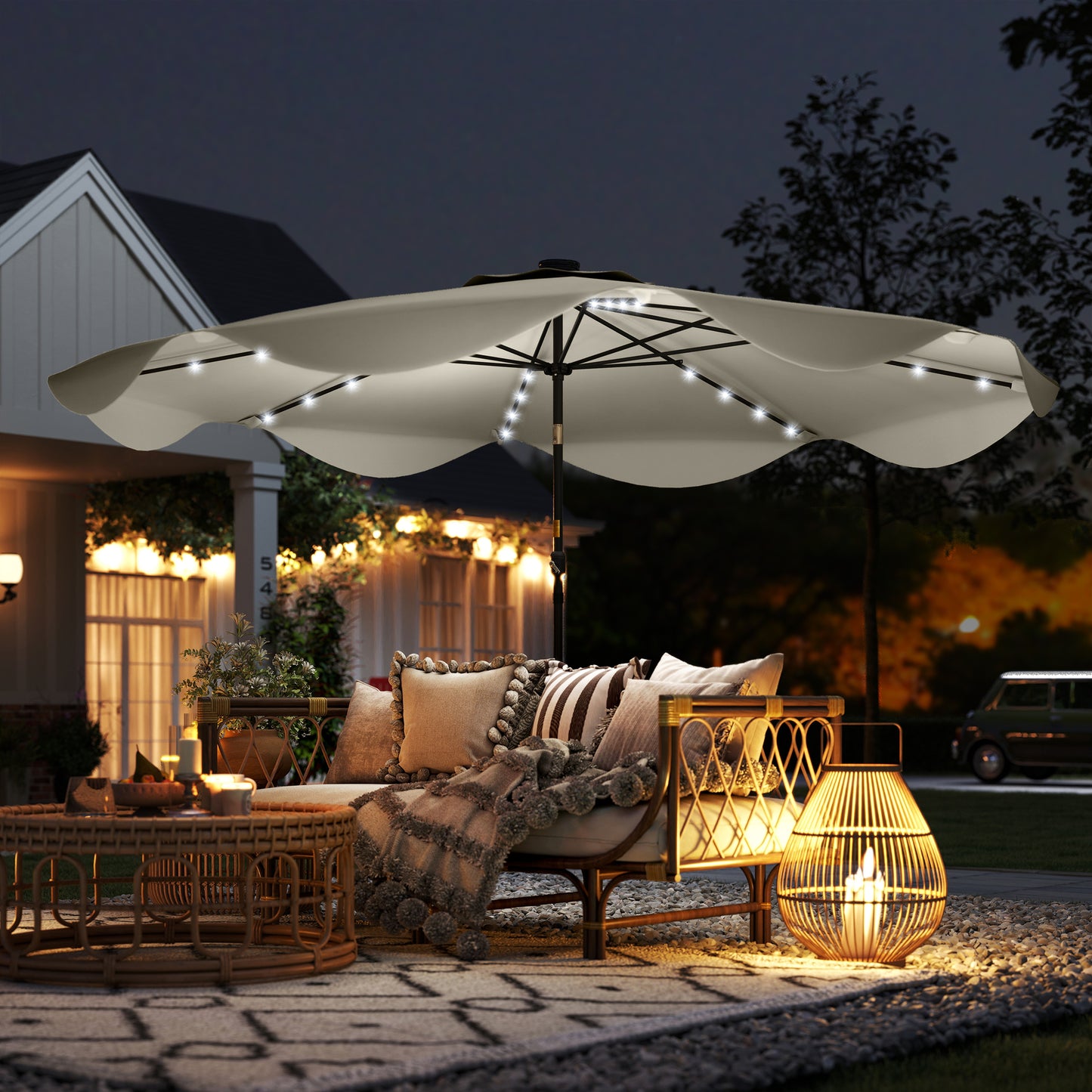 Outsunny Solar LED Patio Umbrella With Tilt And Crank 3x3m Cream White Outdoor Market Table Parasols