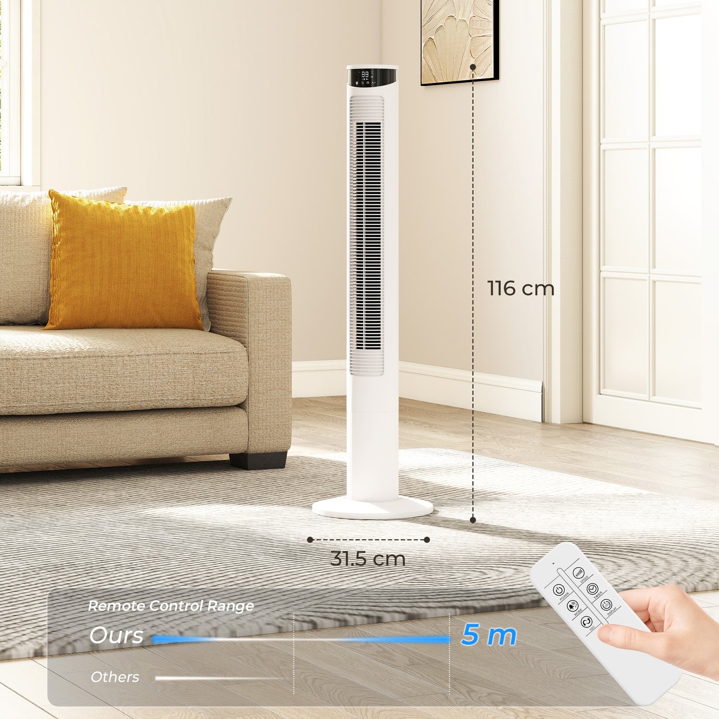 HOMCOM Smart WiFi Tower Fan With App Control Remote 116 cm Tall White Quiet Sleep Mode