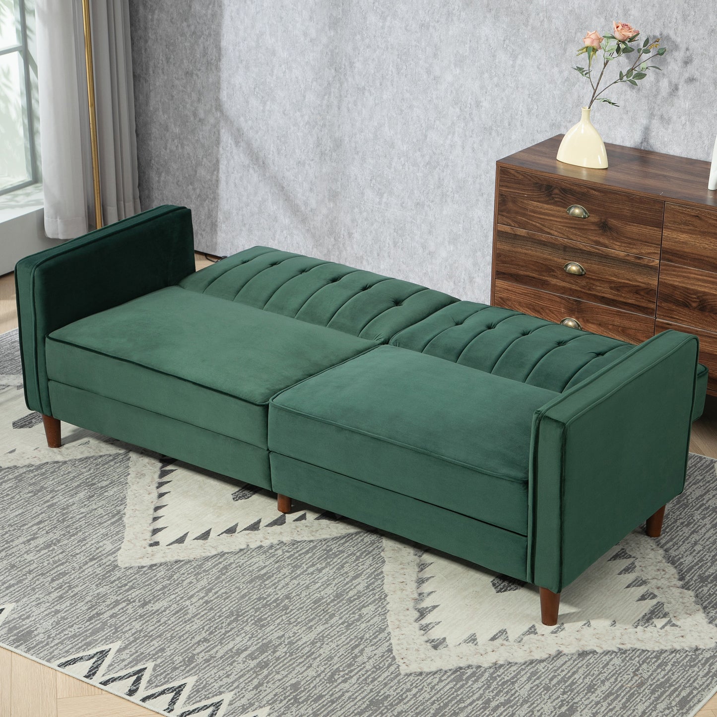 HOMCOM Velvet Feel Three Seater Sofa Bed Green With Thick Cushions For Day And Night Comfort