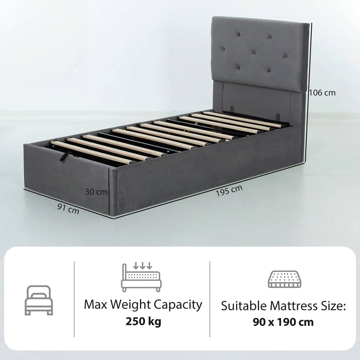 HOMCOM Bed Frame With Gas Lift Storage Under Bed Upholstered Platform Bed Tufted Headboard For 90 X 190 Cm Mattress