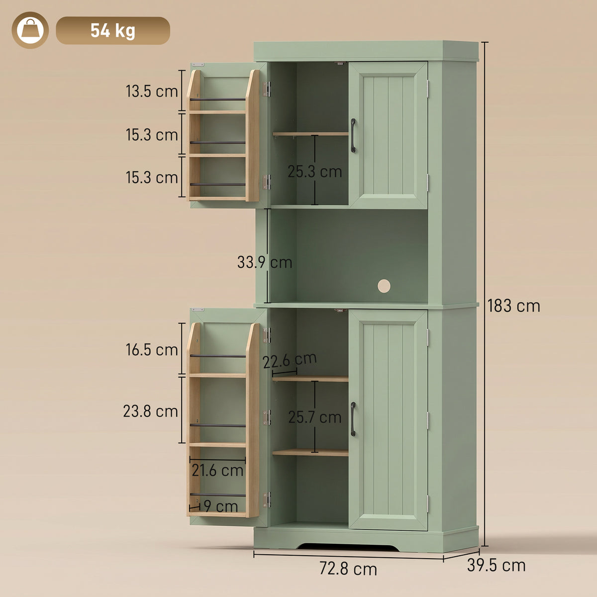Sage green tall kitchen cabinet diagram showing interior layout and dimensions