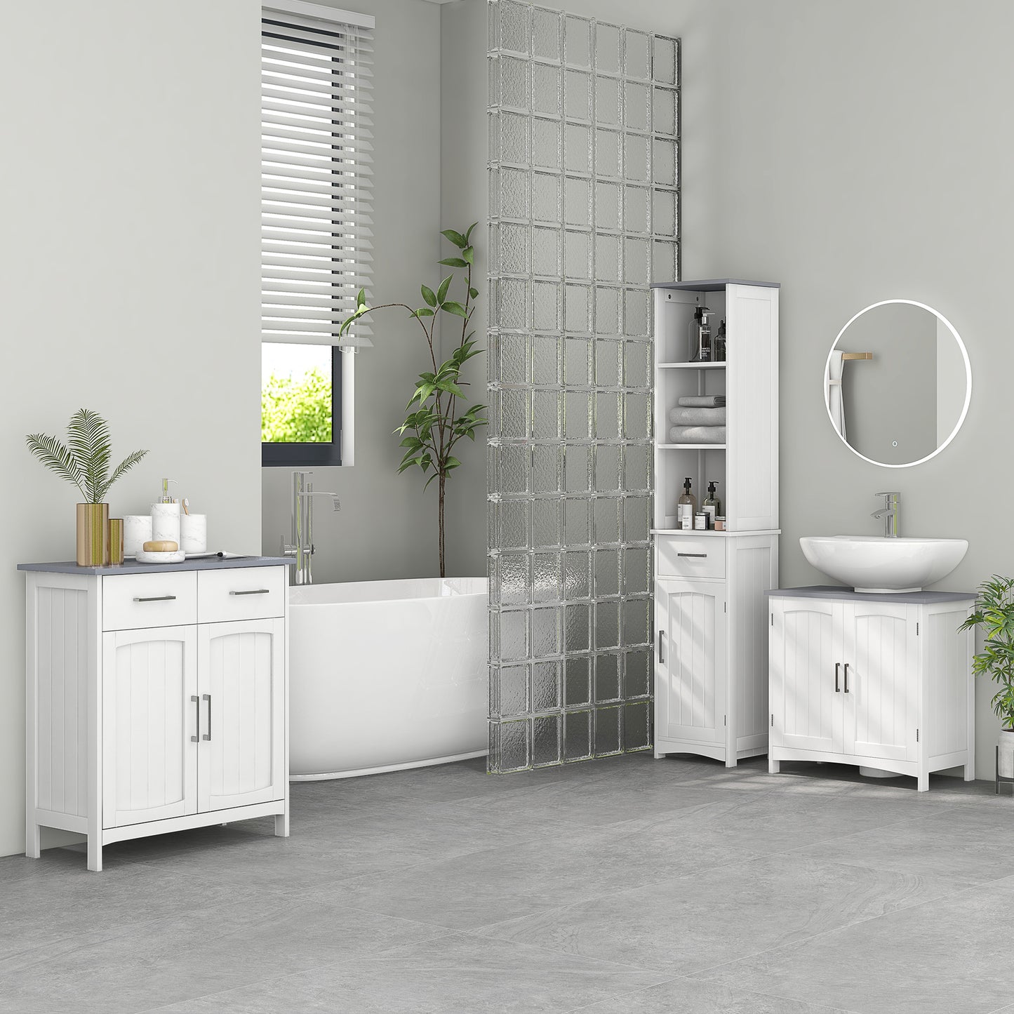 Kleankin Bathroom Furniture Set With Adjustable Shelves Tall Storage Cabinet With Open Shelves And Drawers White