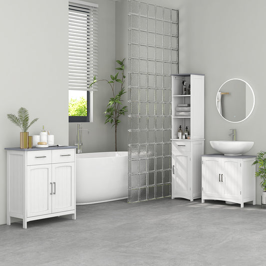 Kleankin Bathroom Furniture Set With Adjustable Shelves Tall Storage Cabinet With Open Shelves And Drawers White