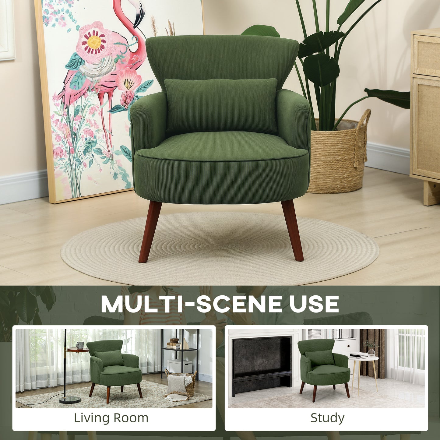 HOMCOM Corduroy Retro Wingback Accent Chair Green With High Density Foam And S Springs For Small Spaces