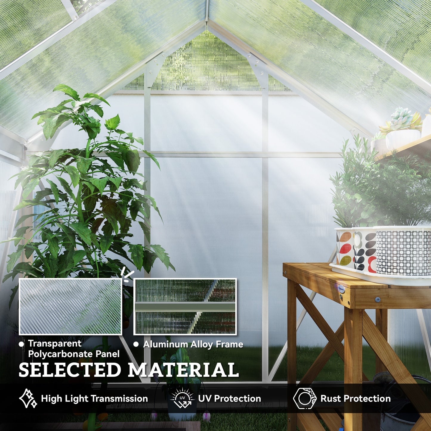 Outsunny Large Polycarbonate Greenhouse Walk In With Slide Door And Window Aluminium Frame 6x4ft Silver Tone