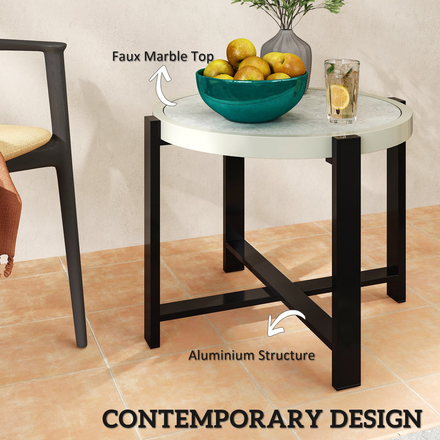 Outsunny Round Garden Table 60cm Outdoor Side Table With Faux Marble Tempered Glass Top Aluminium Frame Light Grey
