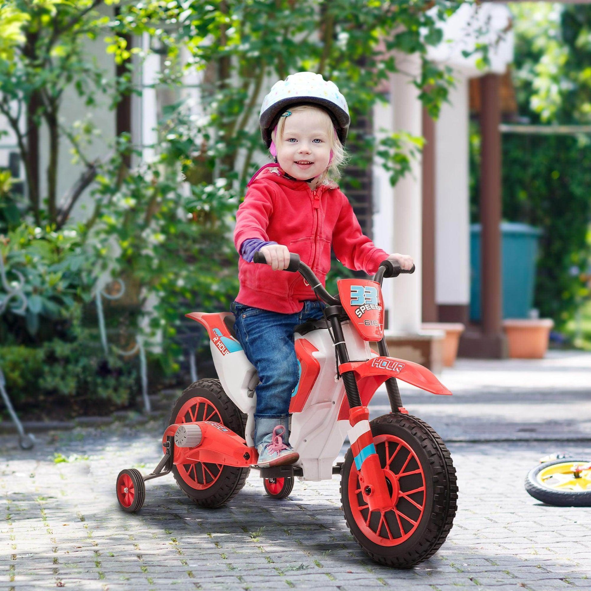 HOMCOM 12V Kids Electric Motorcycle Ride-On with Training Wheels - Red - ALL4U RETAILER LTD