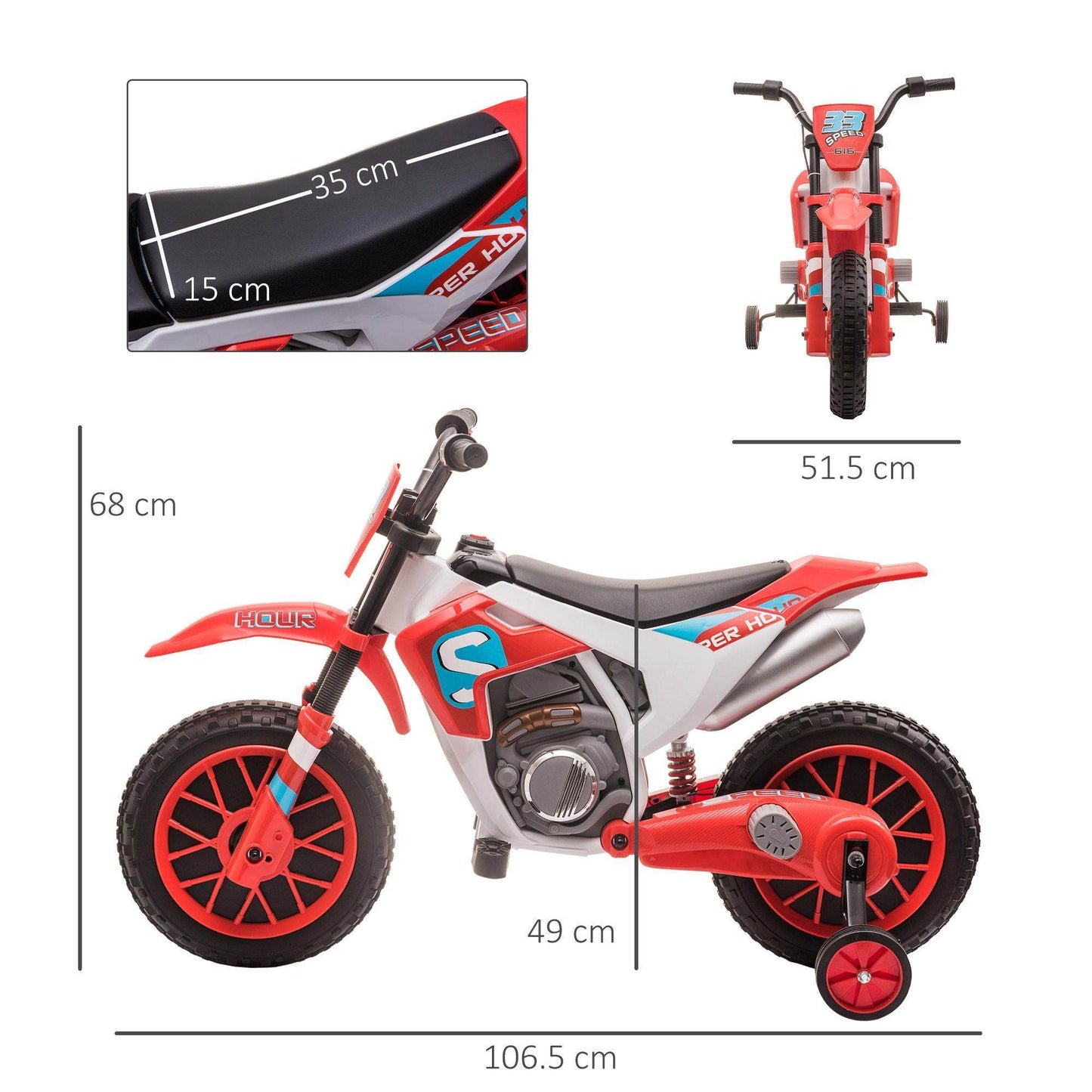 HOMCOM 12V Kids Electric Motorcycle Ride-On with Training Wheels - Red - ALL4U RETAILER LTD