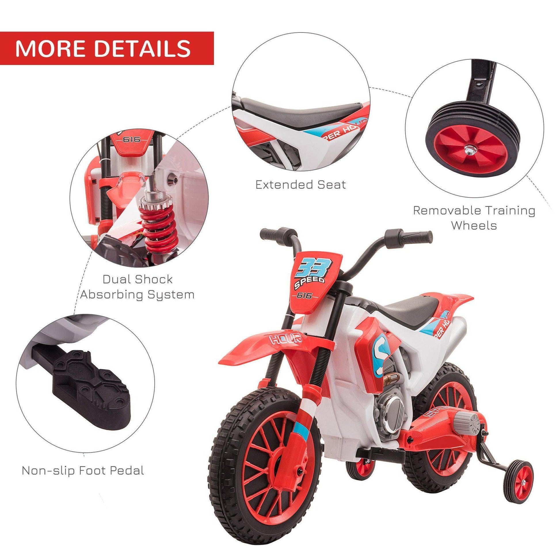 HOMCOM 12V Kids Electric Motorcycle Ride-On with Training Wheels - Red - ALL4U RETAILER LTD