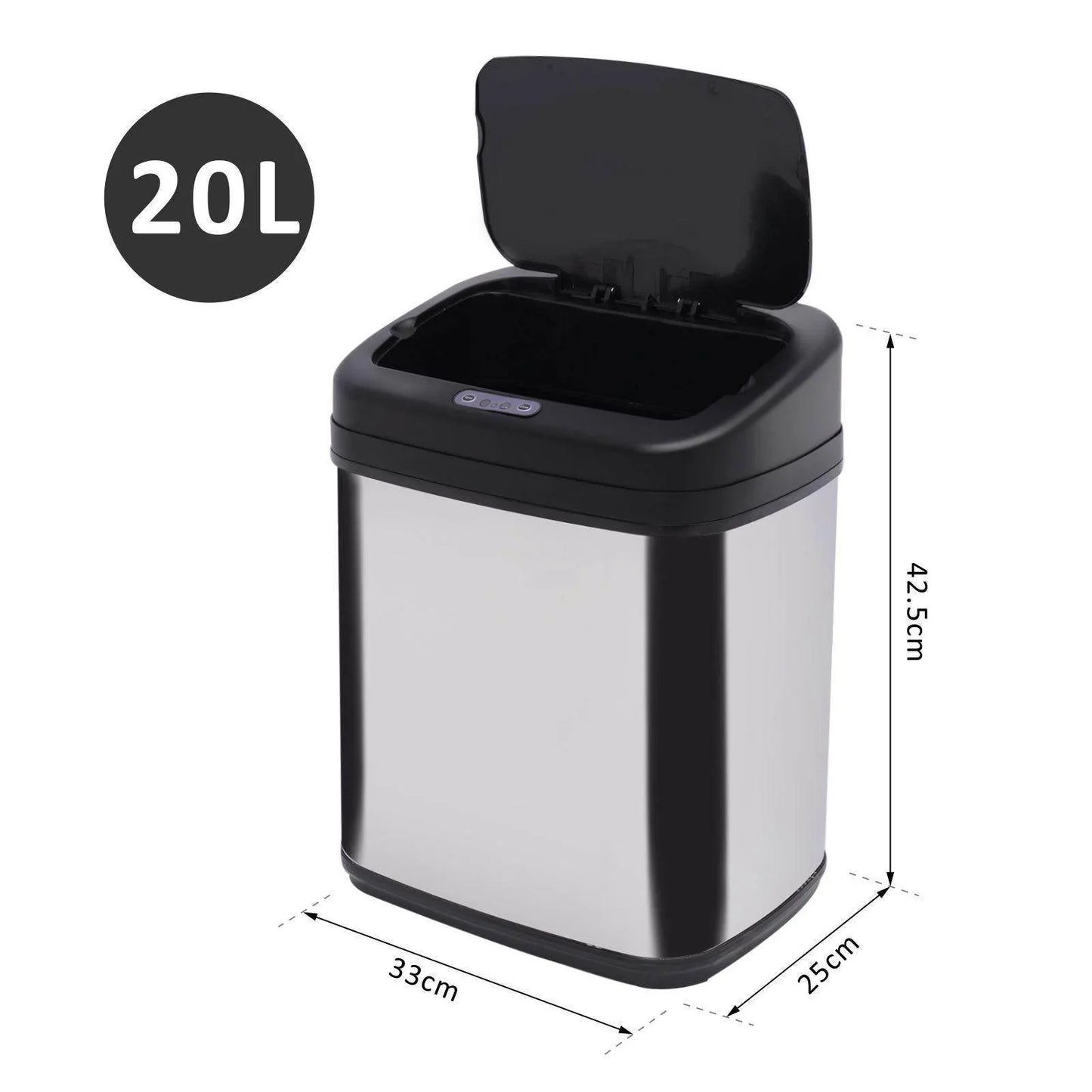 20L stainless steel automatic sensor trash bin with black lid, dimensions 33x25x42.5cm from ALL4U Retailer LTD