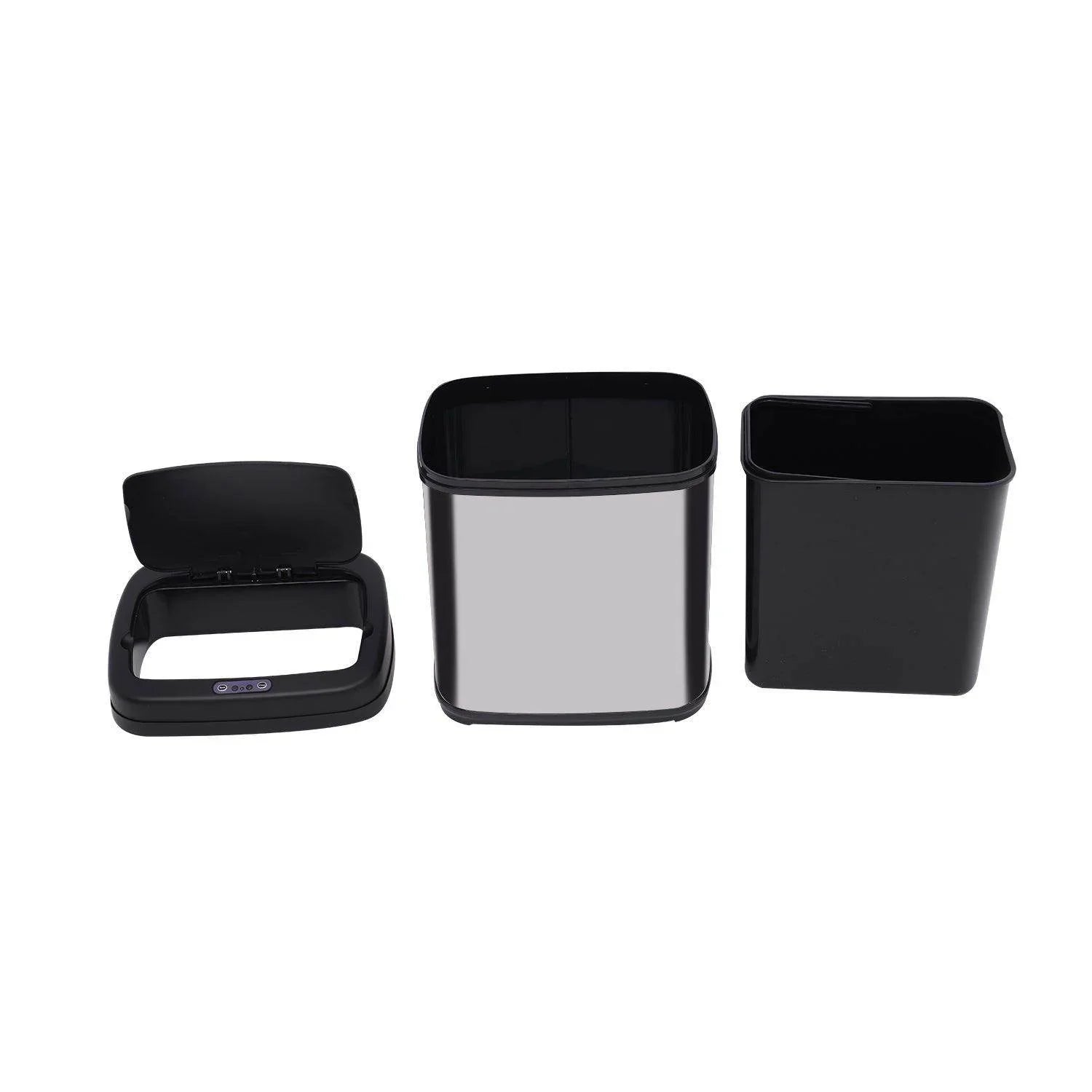Three-piece black and silver automatic sensor dustbin components with lid, inner bin, and outer shell