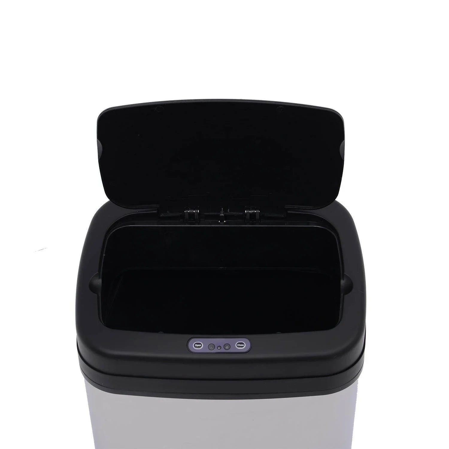Modern automatic sensor dustbin with open black lid, stainless steel body, and control buttons on top