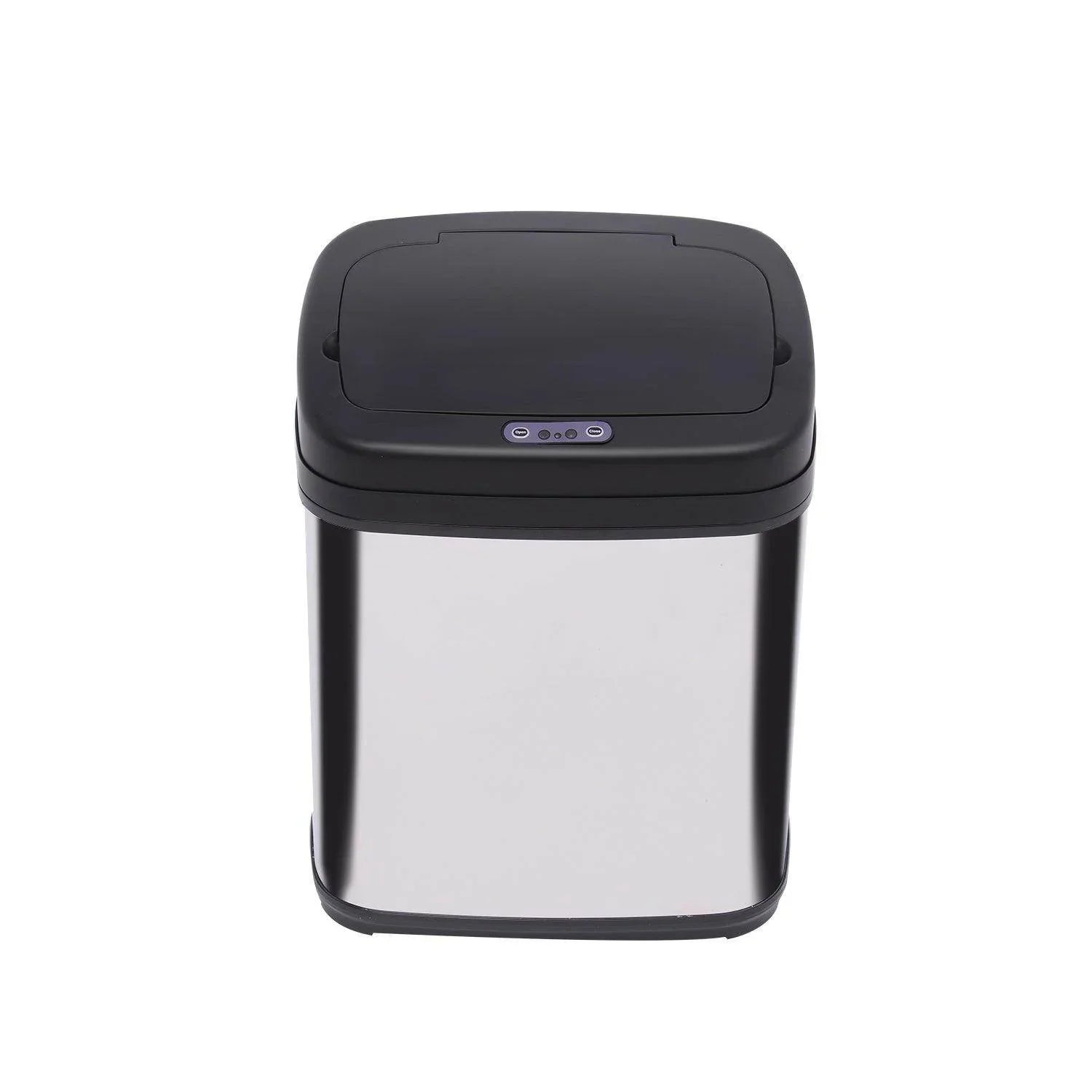 Rectangular stainless steel automatic sensor dustbin with black lid and open-close buttons