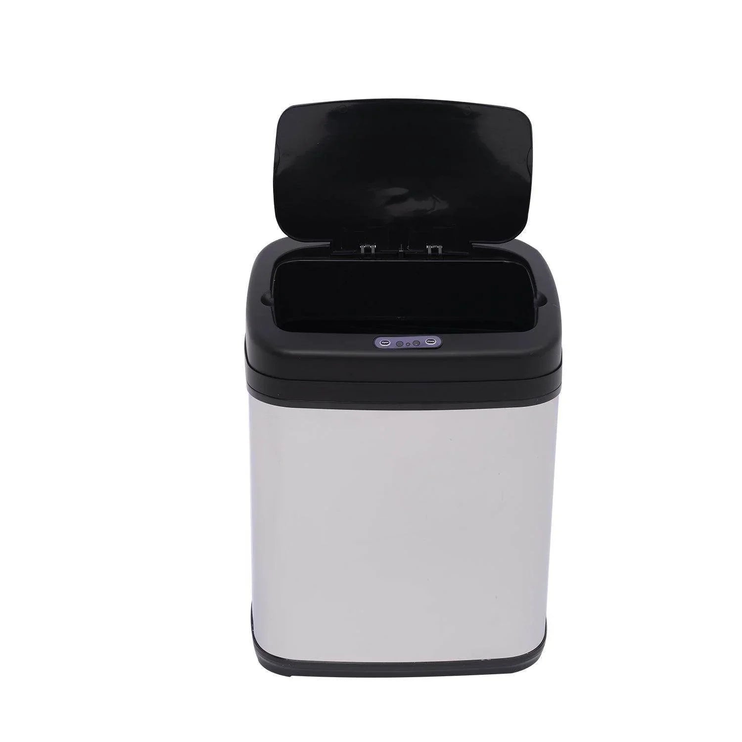 Modern automatic sensor trash bin with open black lid and stainless steel body