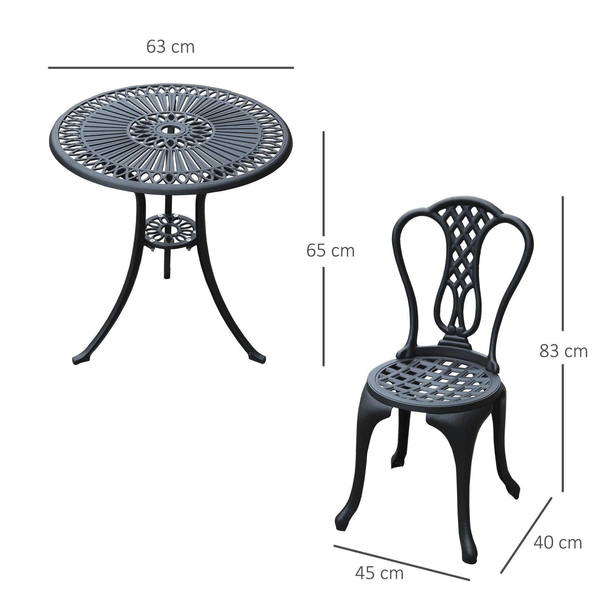 Shabby chic metal bistro set with round table and chair, black, shown with measurements.