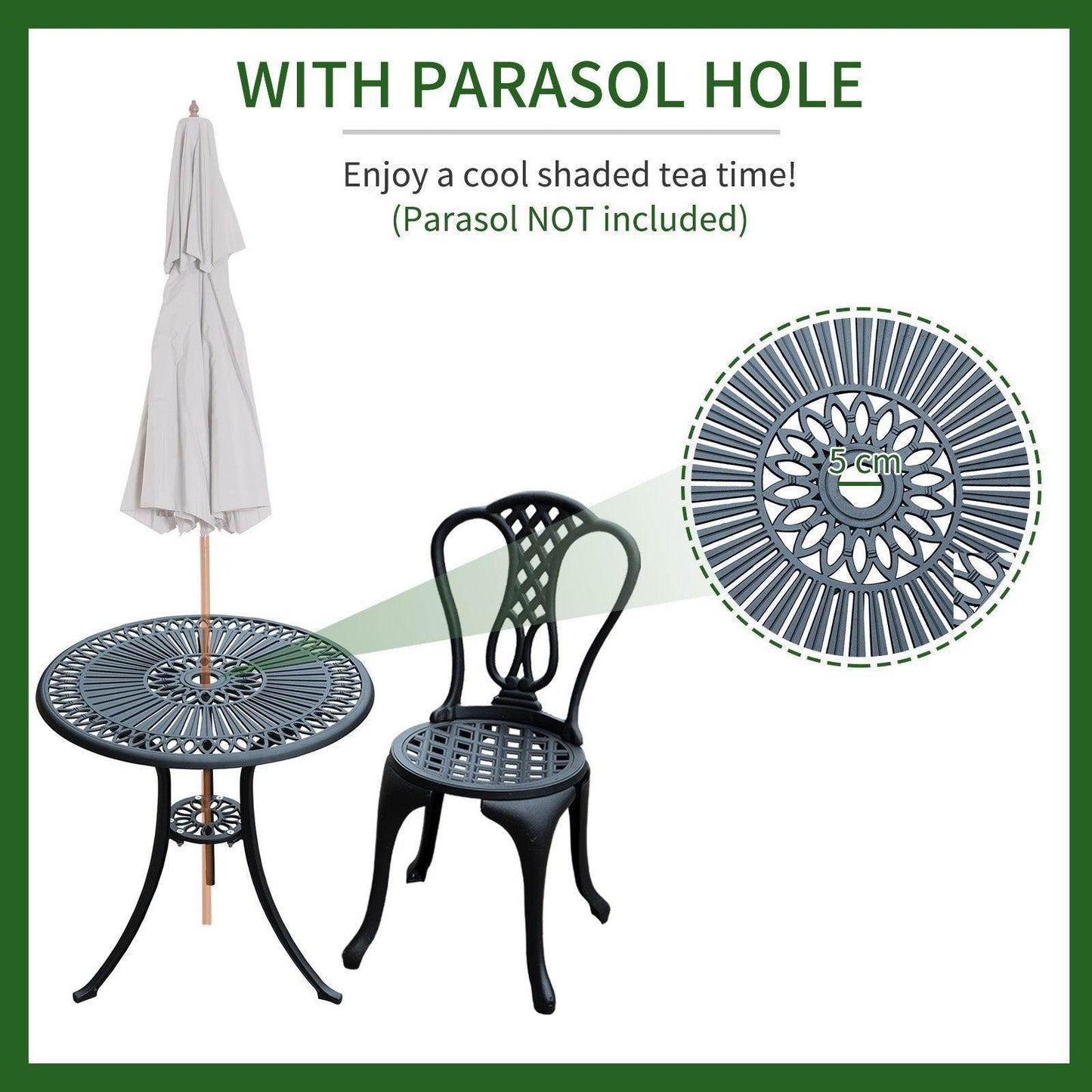 HOMCOM 3-piece patio bistro set with chic black metal table, parasol hole, and matching chair