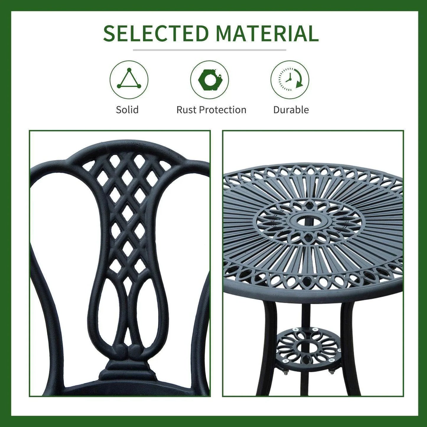 Shabby chic patio bistro set close-up, solid metal with decorative black finish, ALL4U.
