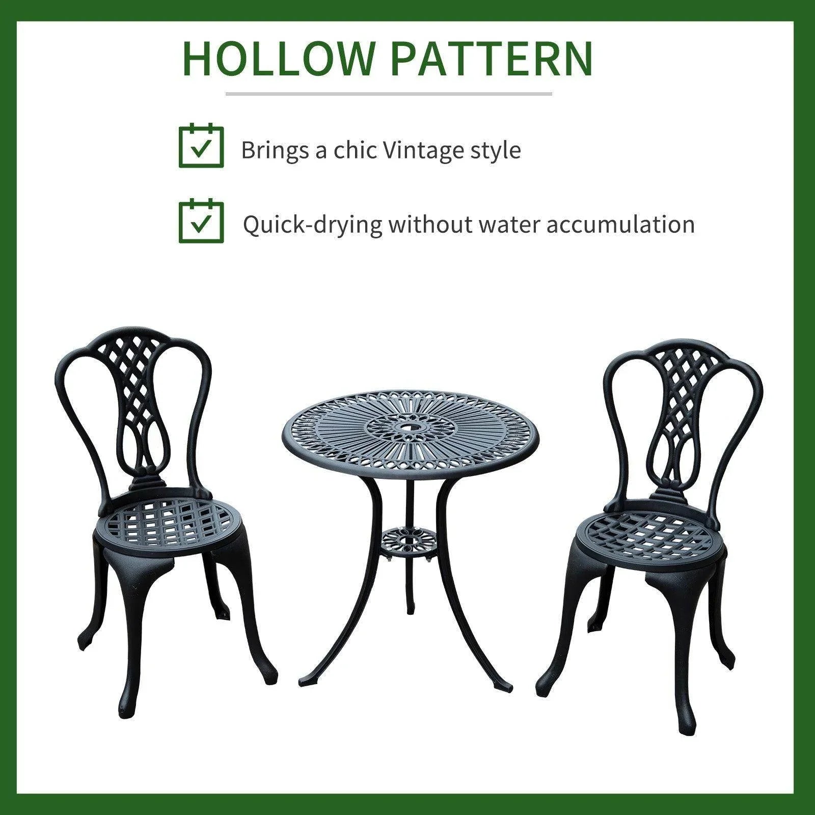 HOMCOM 3-piece patio bistro set with vintage hollow pattern, black metal table and two chairs, ALL4U RETAILER LTD home and garden furniture.