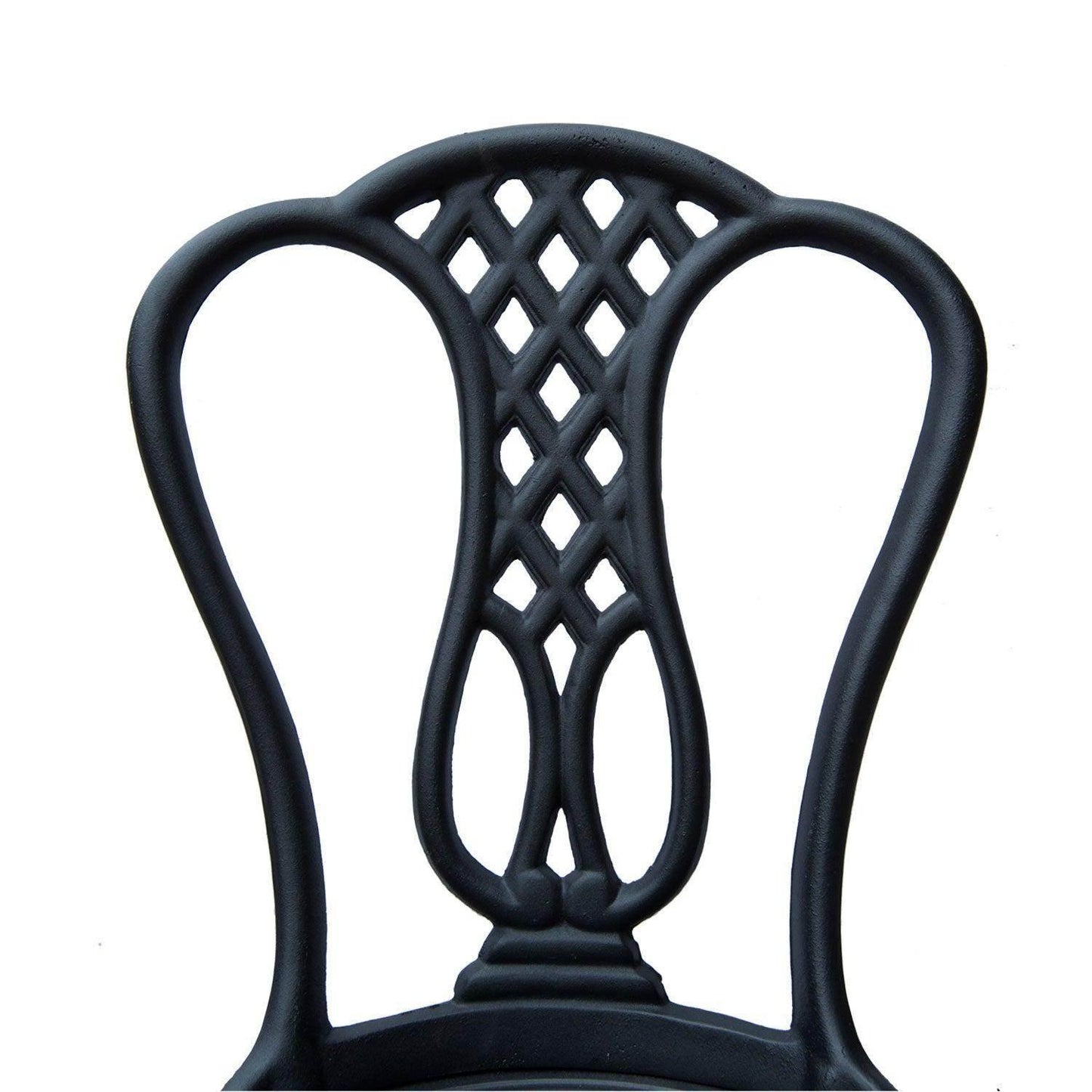 Black metal outdoor chair with decorative lattice backrest, shabby chic patio furniture