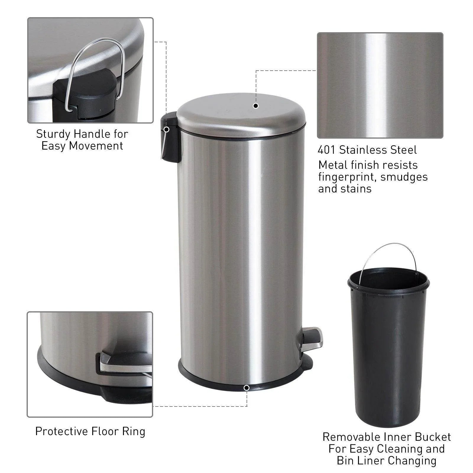 HOMCOM 30L Stainless Steel Kitchen Pedal Bin - ALL4U RETAILER LTD
