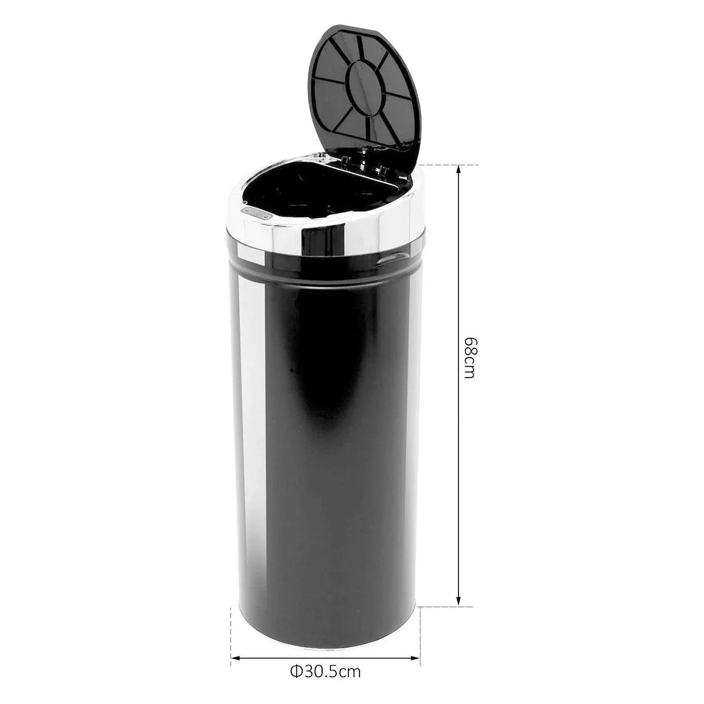 Black and stainless steel sensor trash can with open lid, 68 cm tall and 30.5 cm diameter