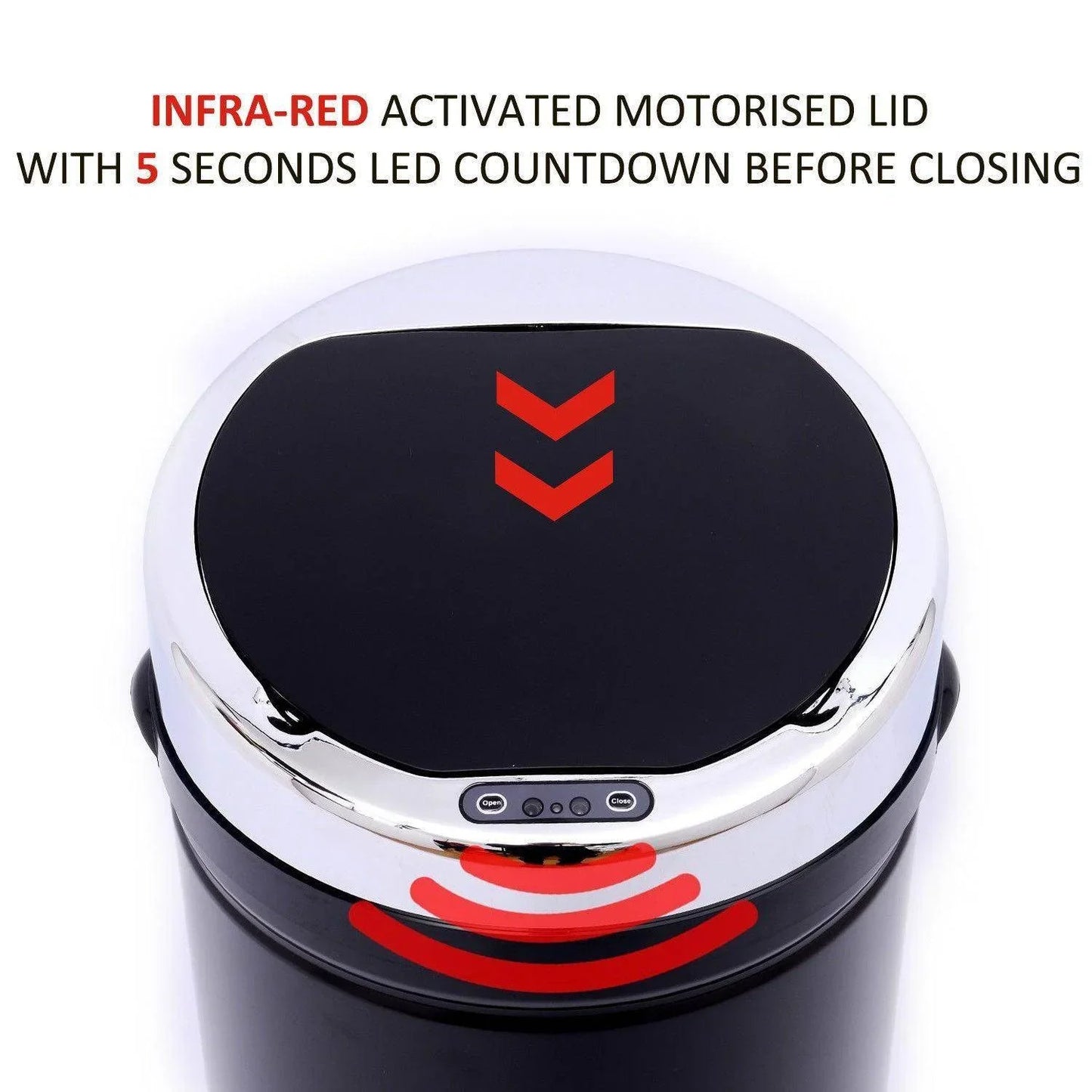 Black stainless steel sensor trash can with motorised lid and 5 seconds LED countdown