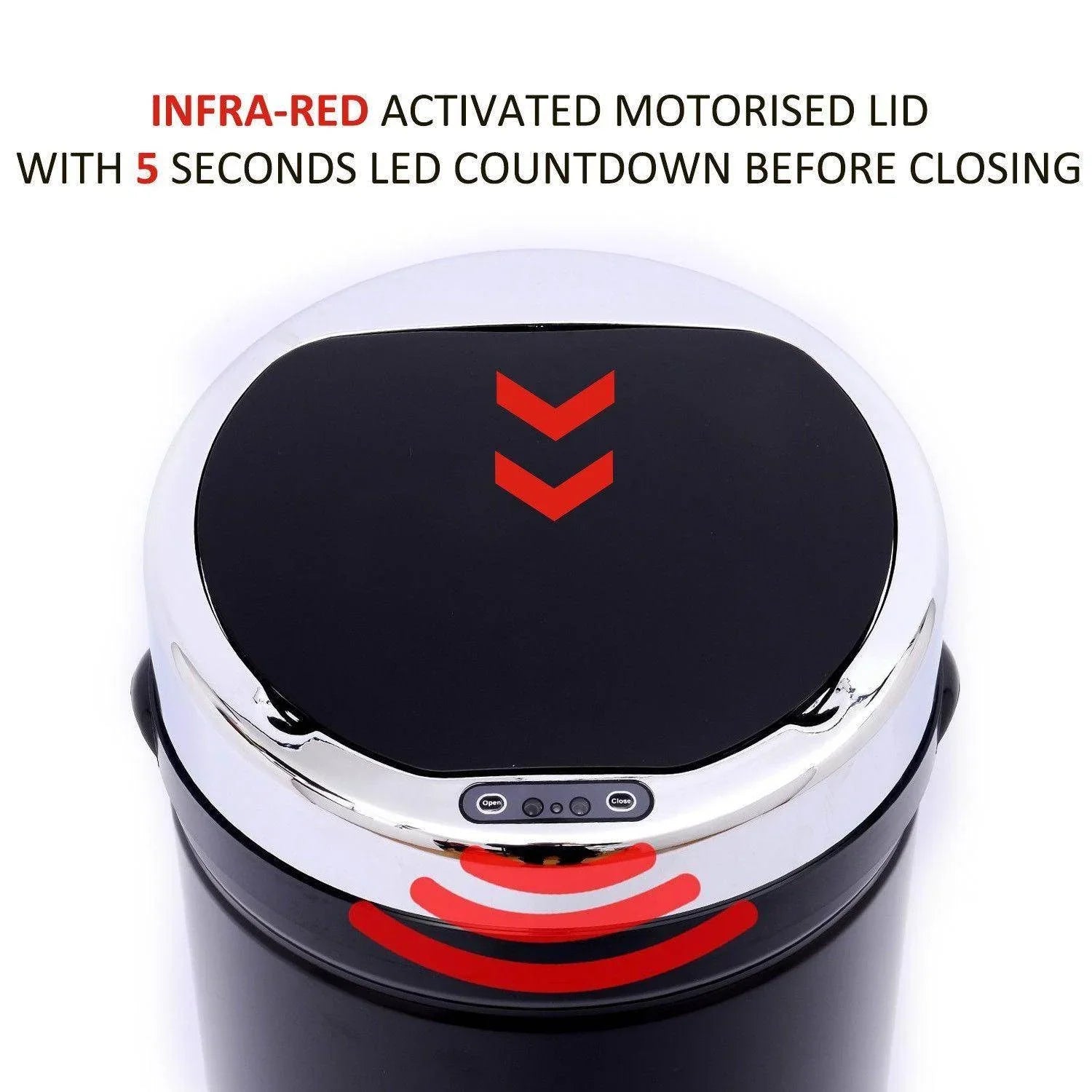 Black stainless steel sensor trash can with motorised lid and 5 seconds LED countdown