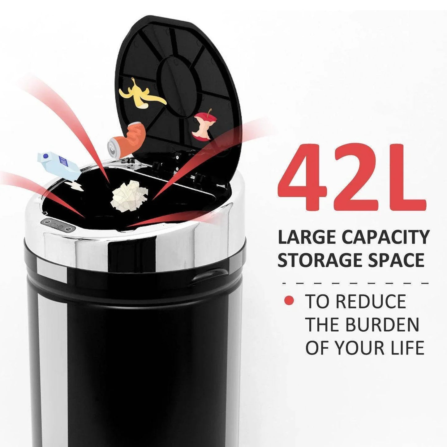 42-liter large capacity black stainless steel sensor trash can with open lid and food waste animation