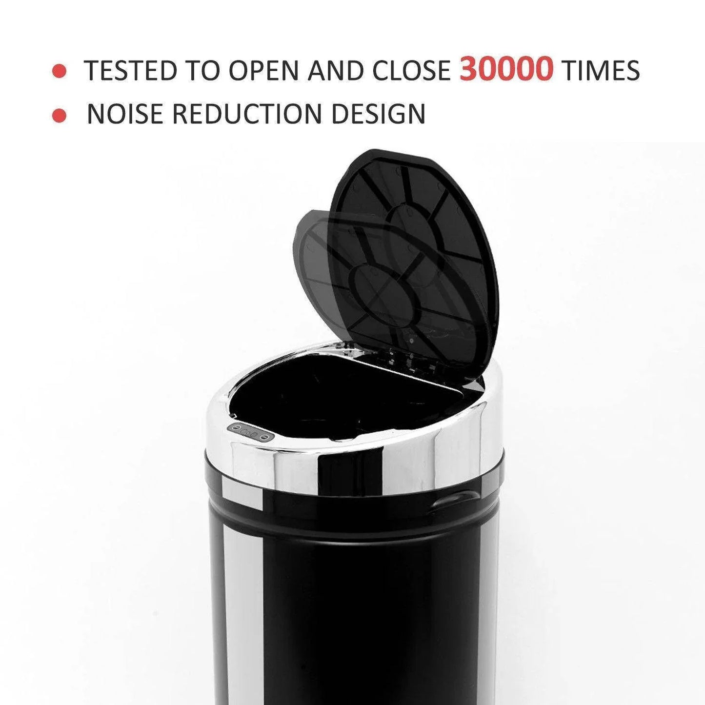 Black and stainless steel sensor trash can with open lid, noise reduction, tested durability