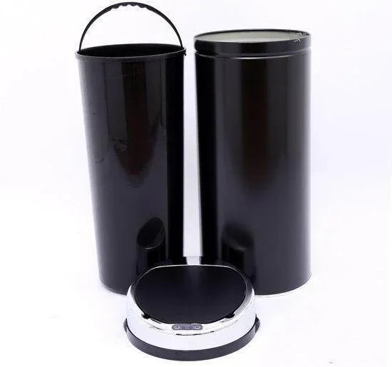 Black stainless steel sensor trash can with removable inner bucket and open lid, modern kitchen waste bin