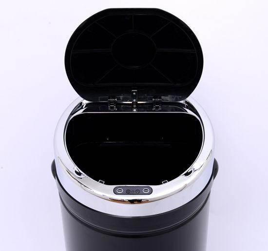 Black stainless steel sensor trash can with open lid and touch control panel