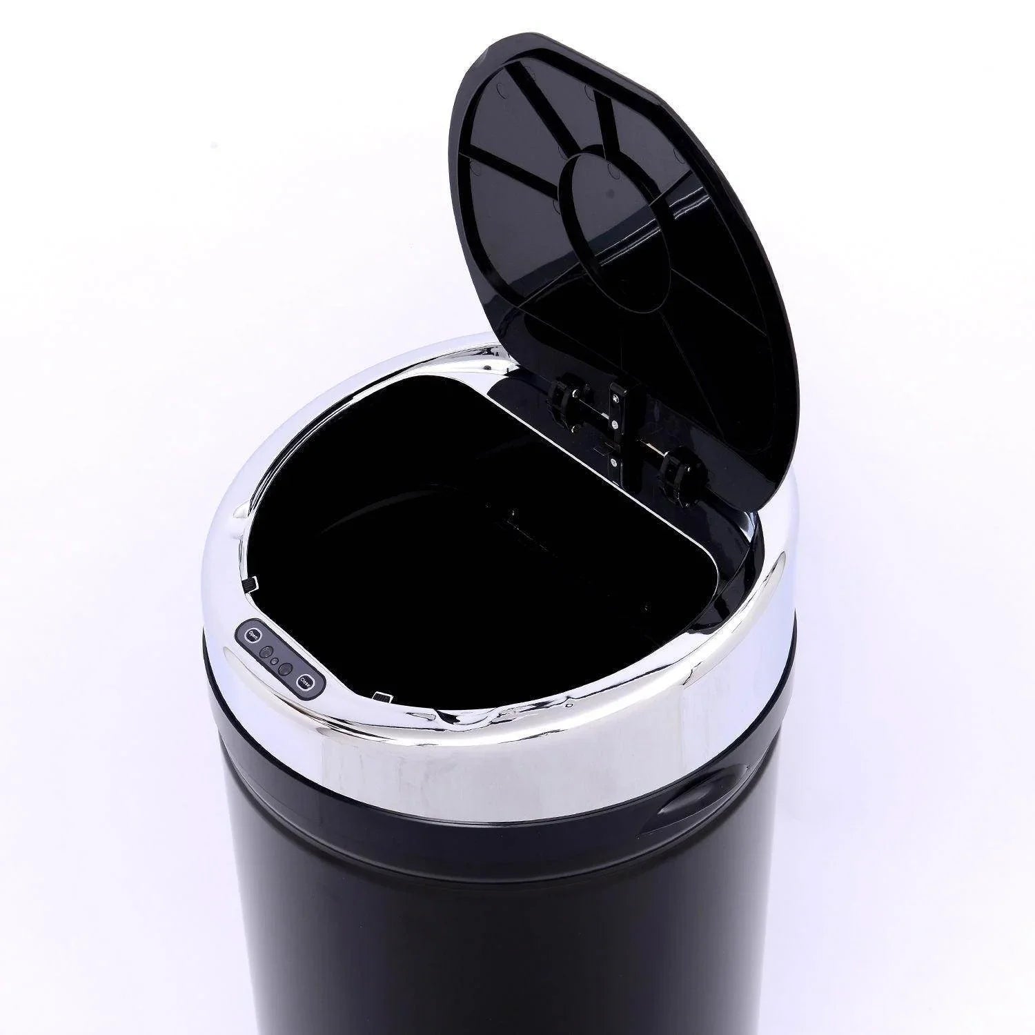 Black sensor trash can with stainless steel rim and open lid, modern touchless waste bin