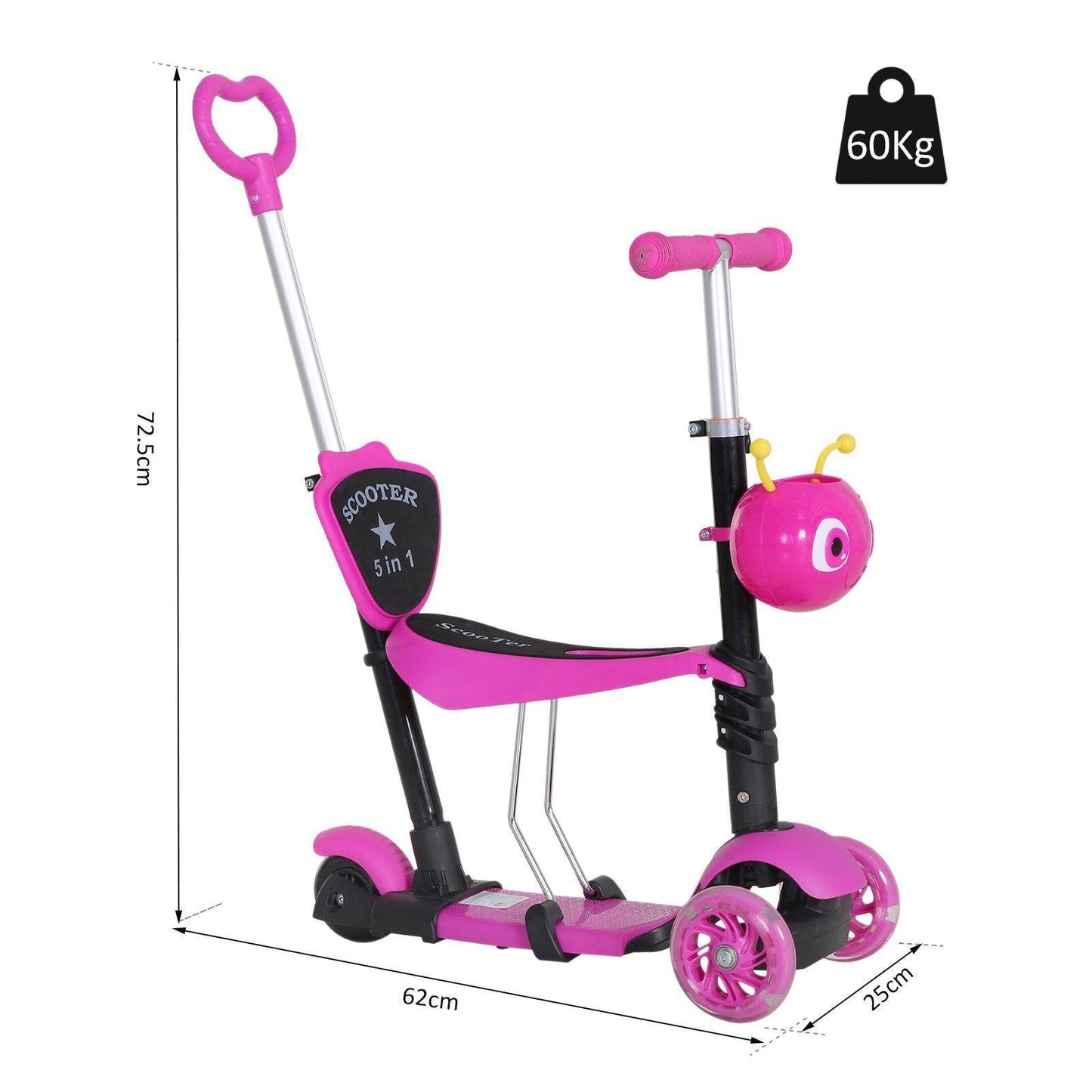 HOMCOM 5-in-1 Kids Mini Kick Scooter - Pink - ALL4U RETAILER LTD