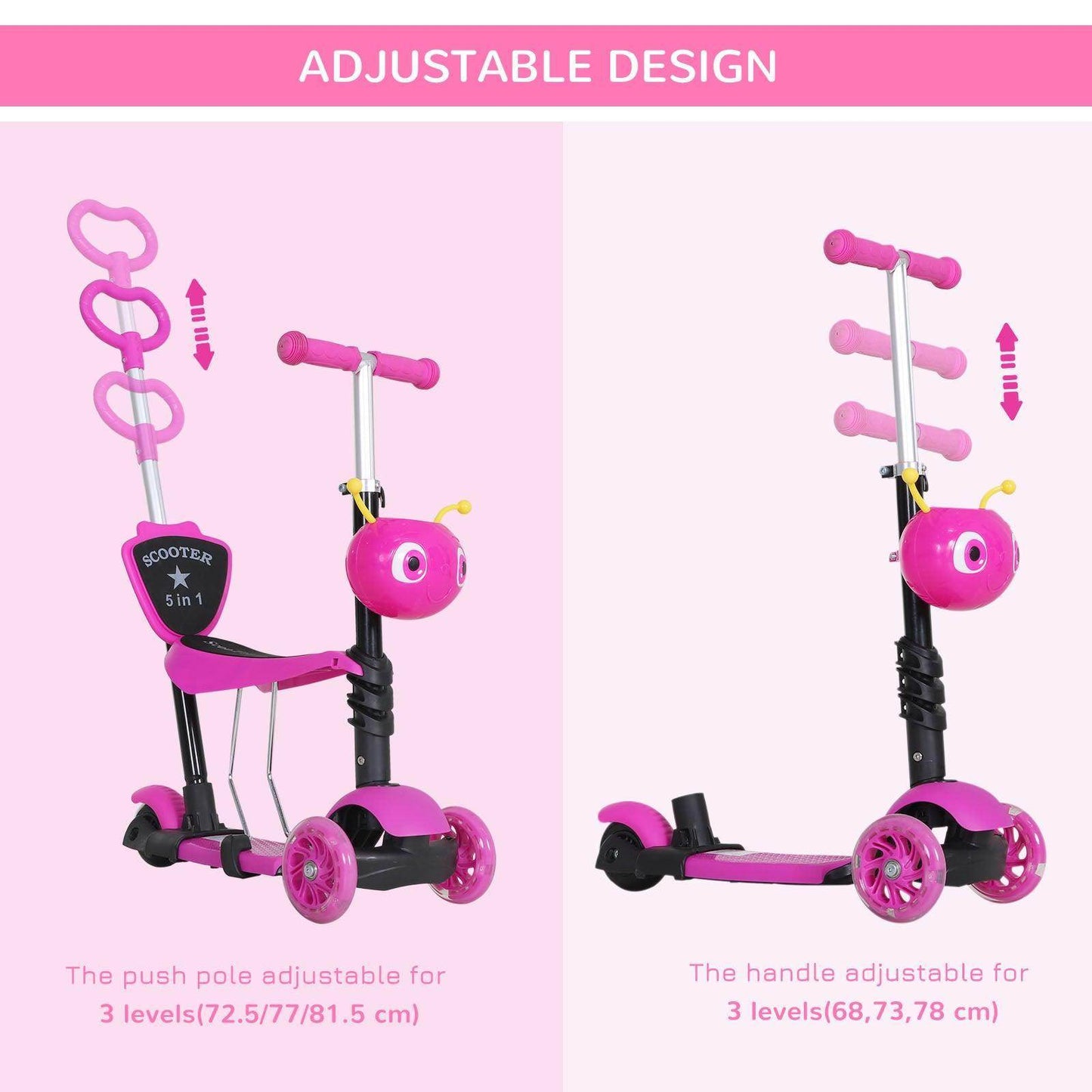 HOMCOM 5-in-1 Kids Mini Kick Scooter - Pink - ALL4U RETAILER LTD