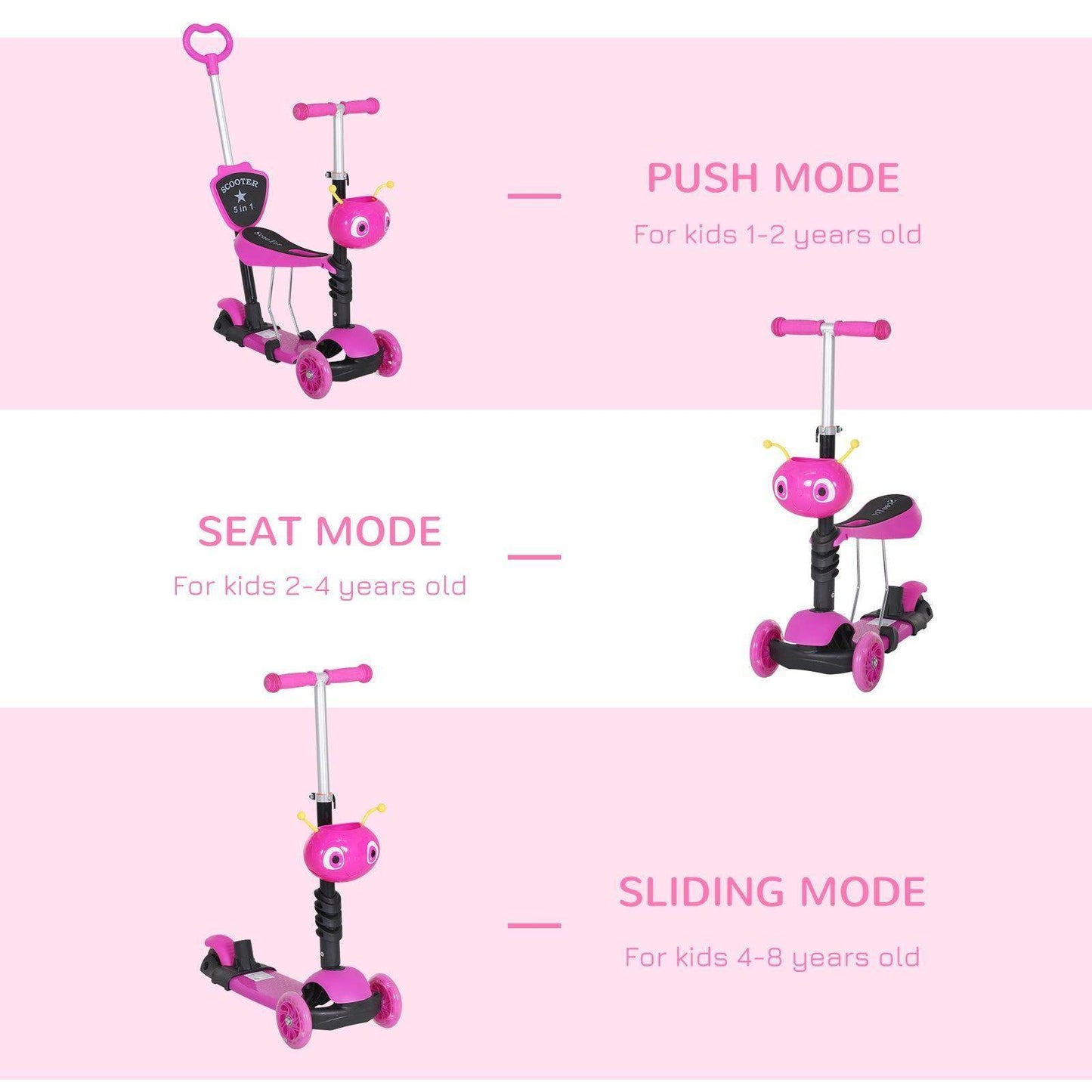 HOMCOM 5-in-1 Kids Mini Kick Scooter - Pink - ALL4U RETAILER LTD