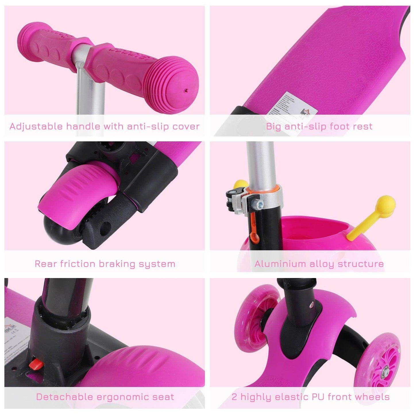 HOMCOM 5-in-1 Kids Mini Kick Scooter - Pink - ALL4U RETAILER LTD