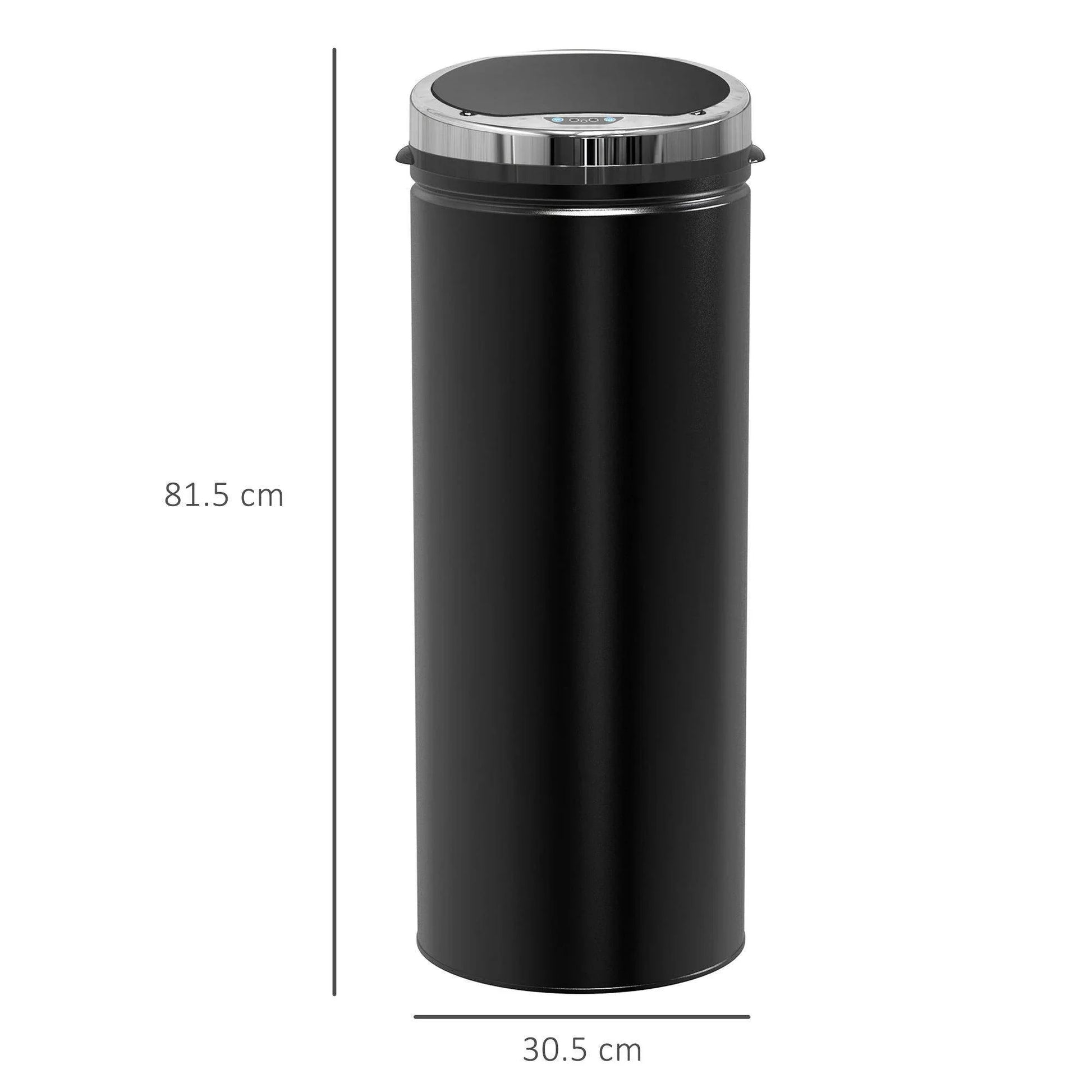 Black stainless steel sensor trash can with removable inner bucket, 81.5cm height, 30.5cm diameter